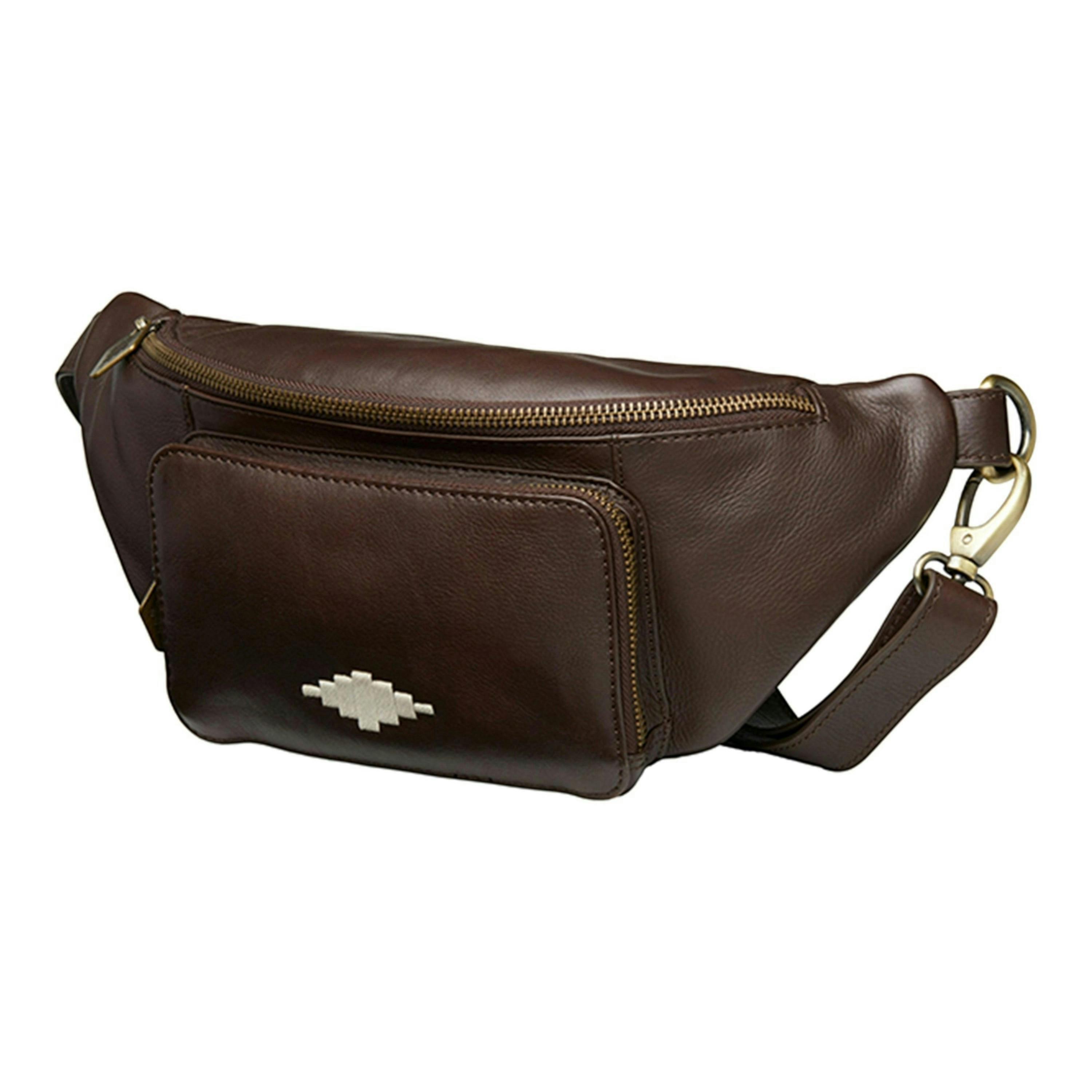 Rinonera crossbody bag - brown leather with cream stitching , view 1 of 1