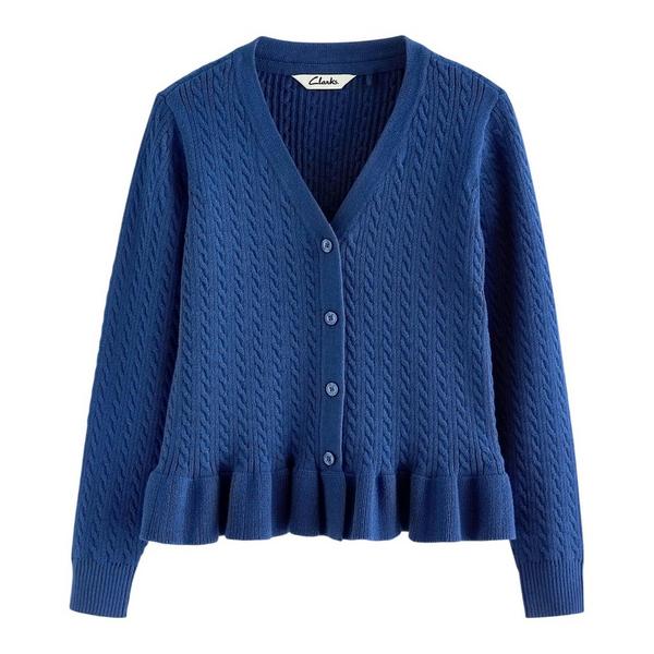 Clarks Girls Cable Knit Frill School Cardigan — Red/Green