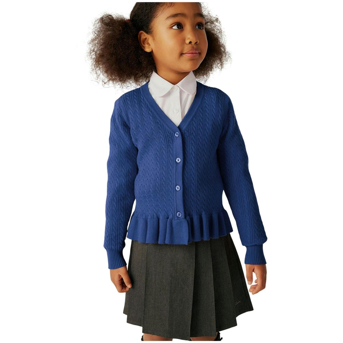 Clarks Girls Cable Knit Frill School Cardigan — Red/Green
