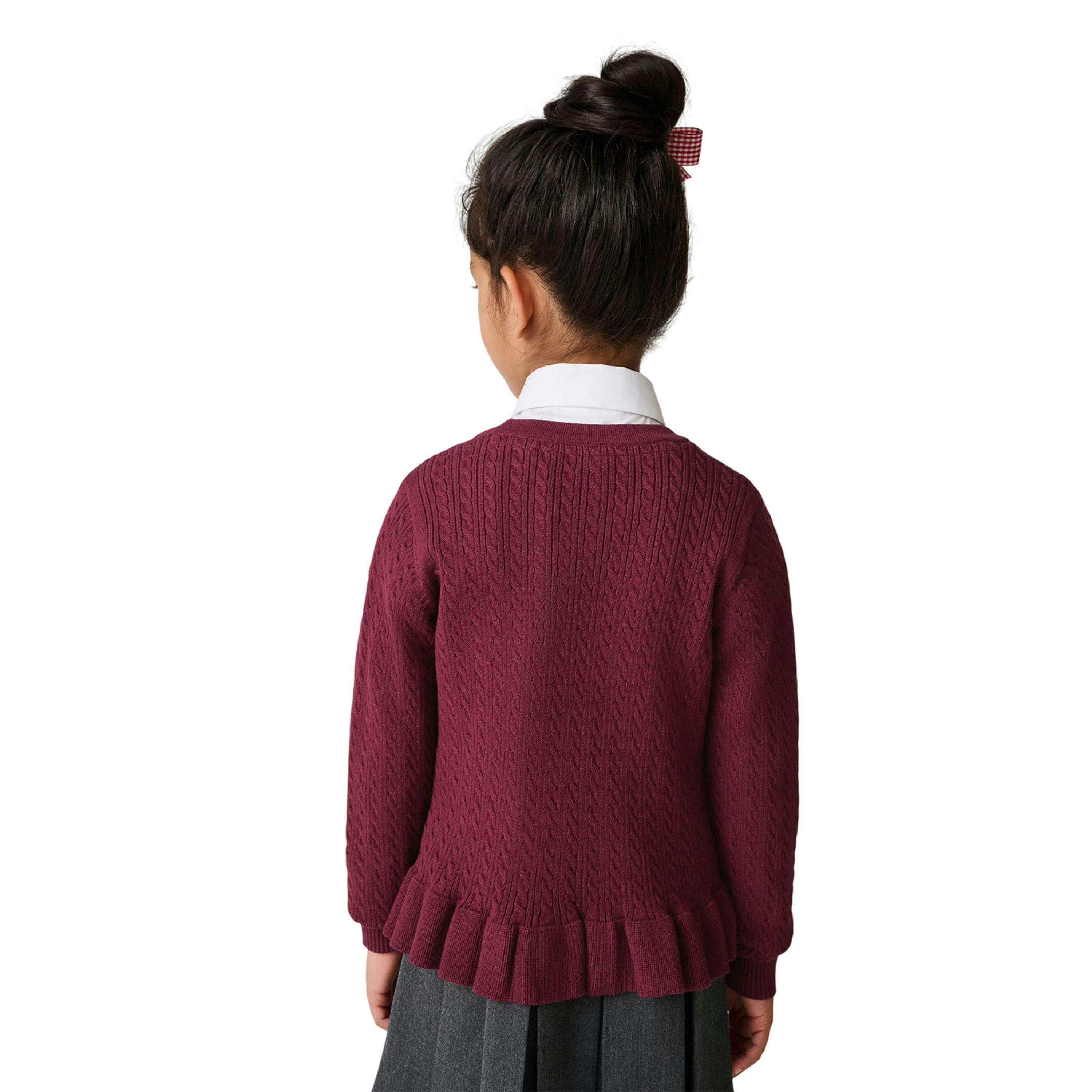 Clarks Girls Cable Knit Frill School Cardigan — Red