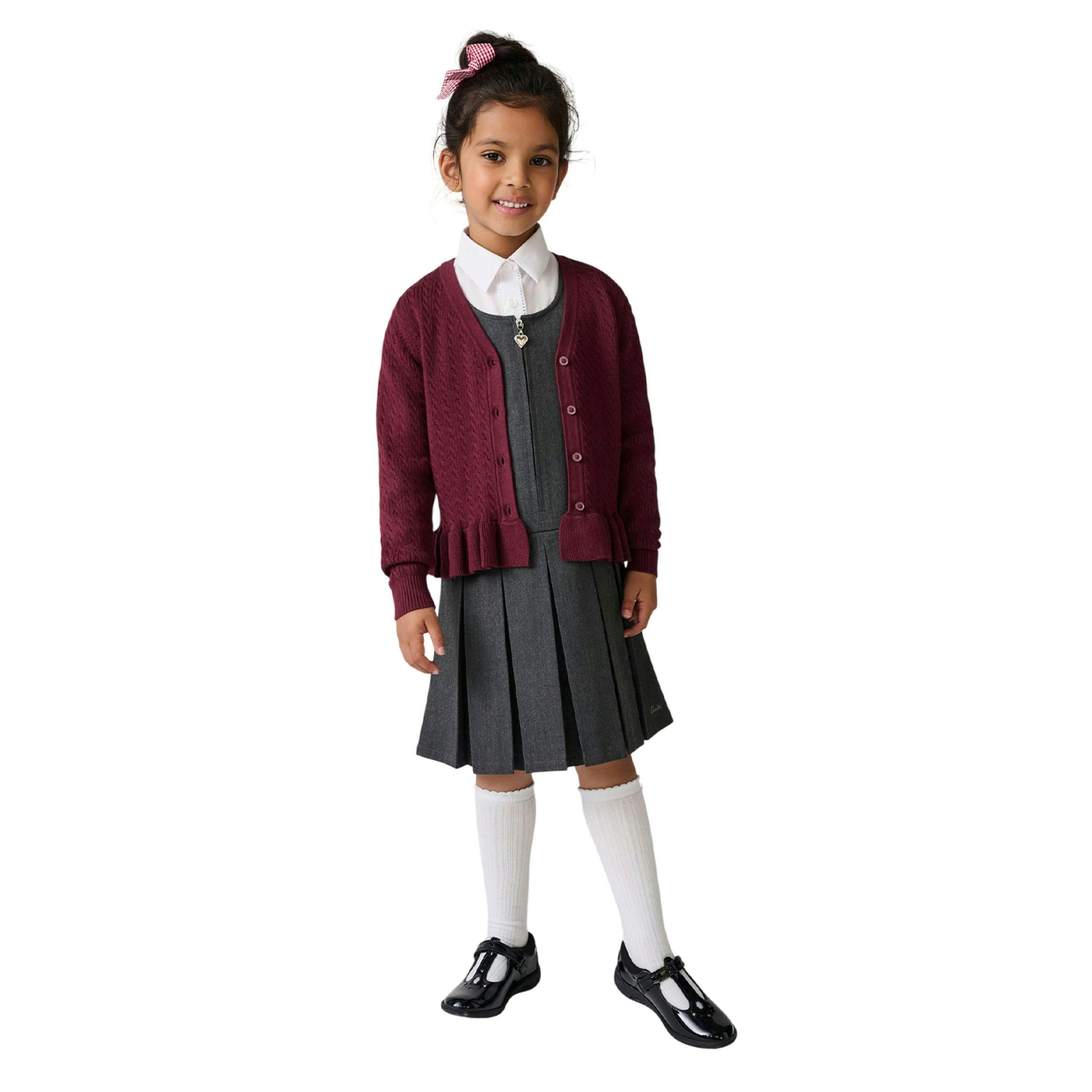 Clarks Girls Cable Knit Frill School Cardigan — Red