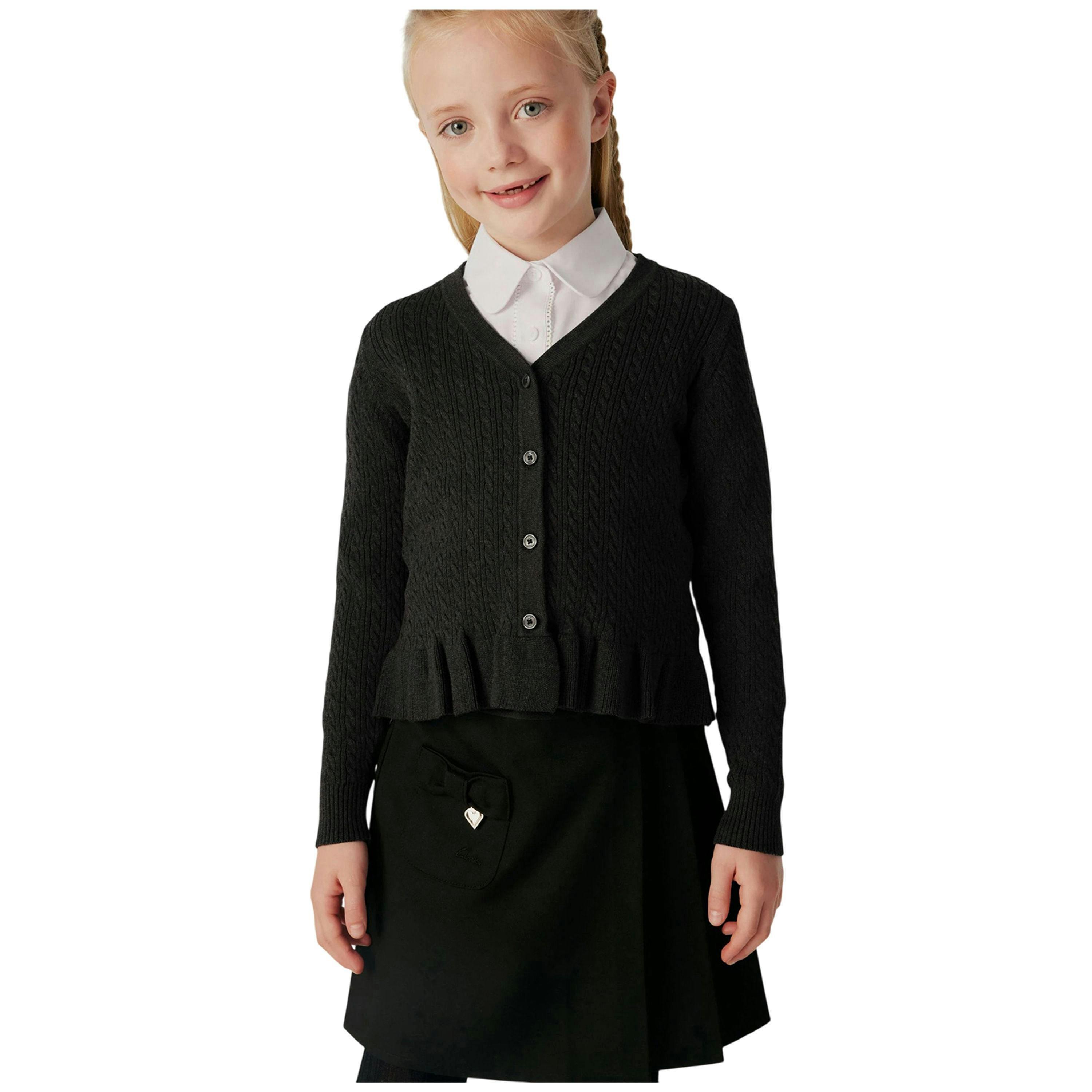 Clarks Girls Cable Knit Frill School Cardigan — Black