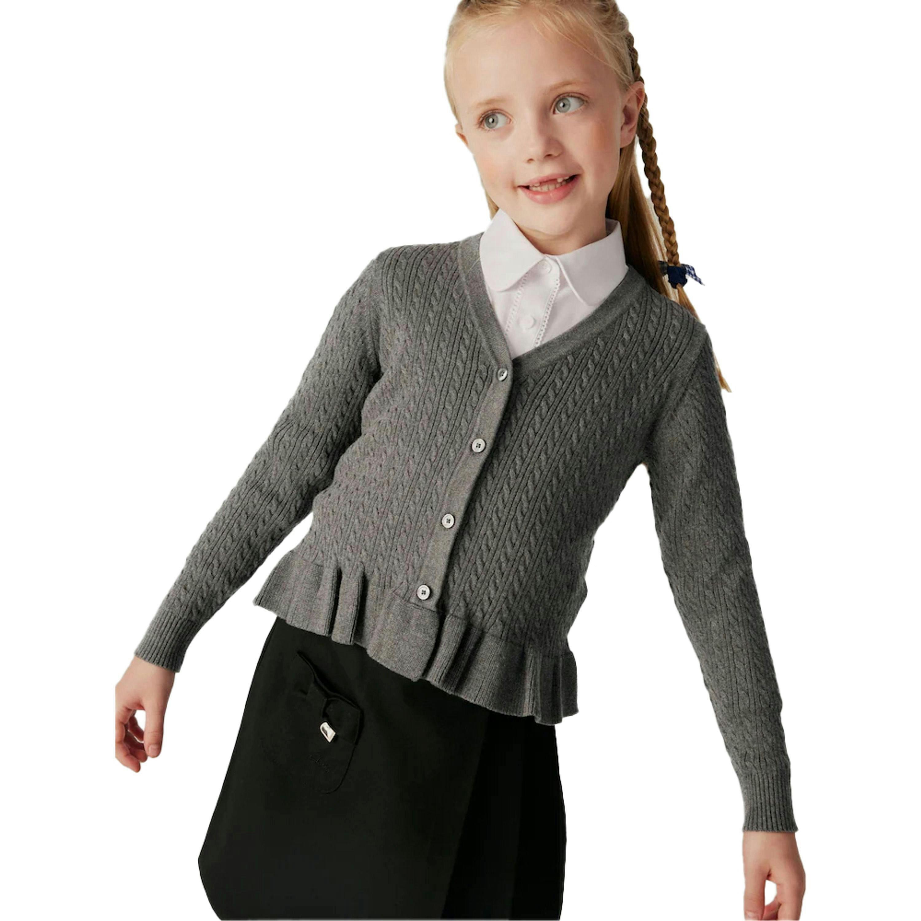 Clarks Girls Cable Knit Frill Cardigan — Grey