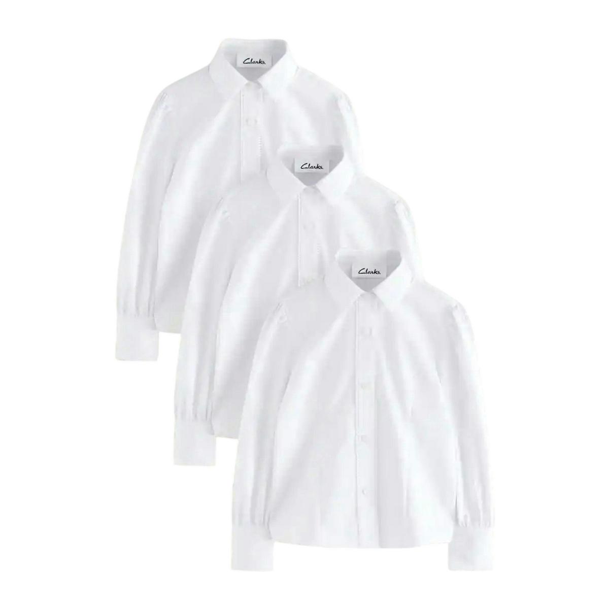 Clarks Girls Fitted Long-Sleeved School Shirt (Pack of 3) — White