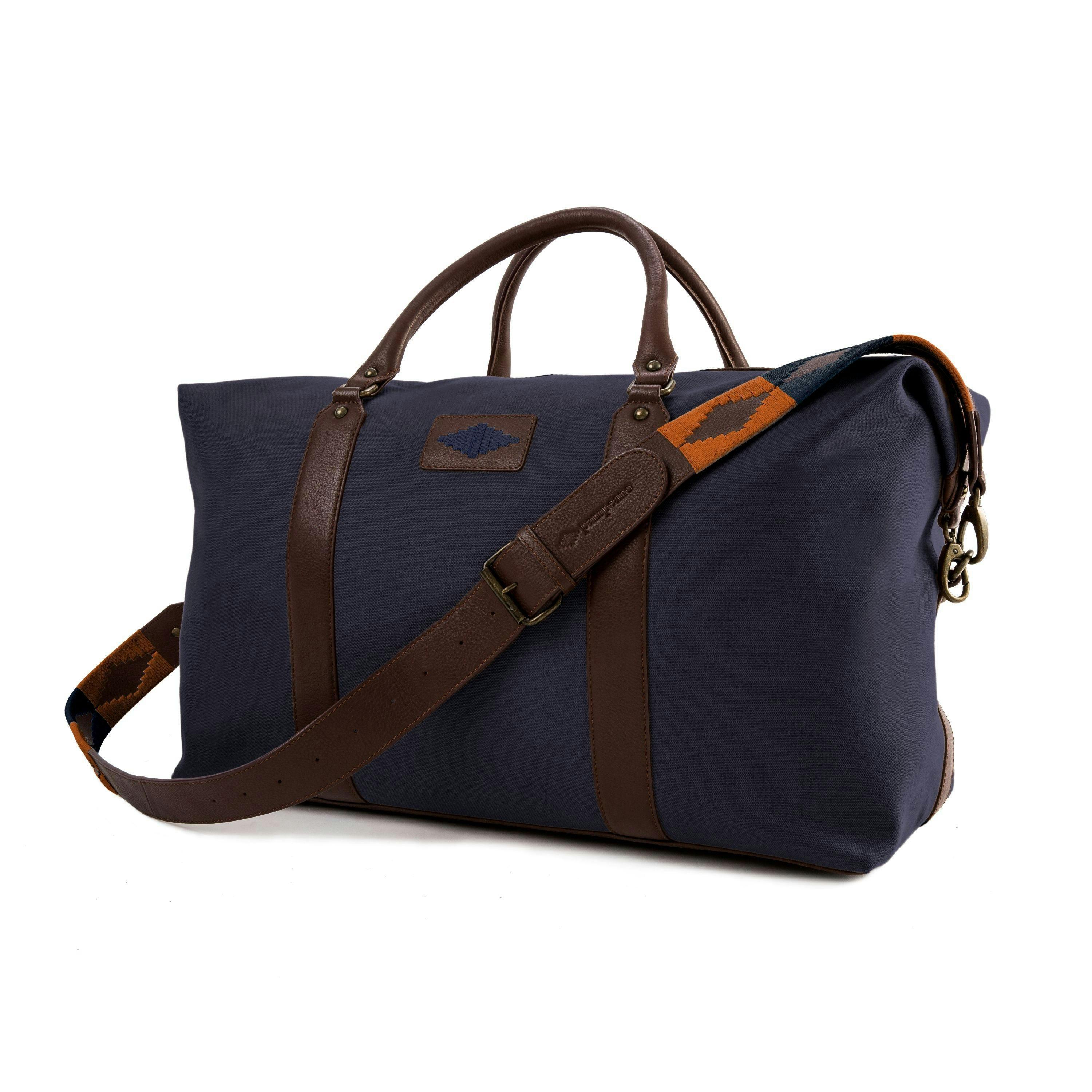 Caballero large travel bag - brown leather and navy canvas with navy stitching , view 1 of 1