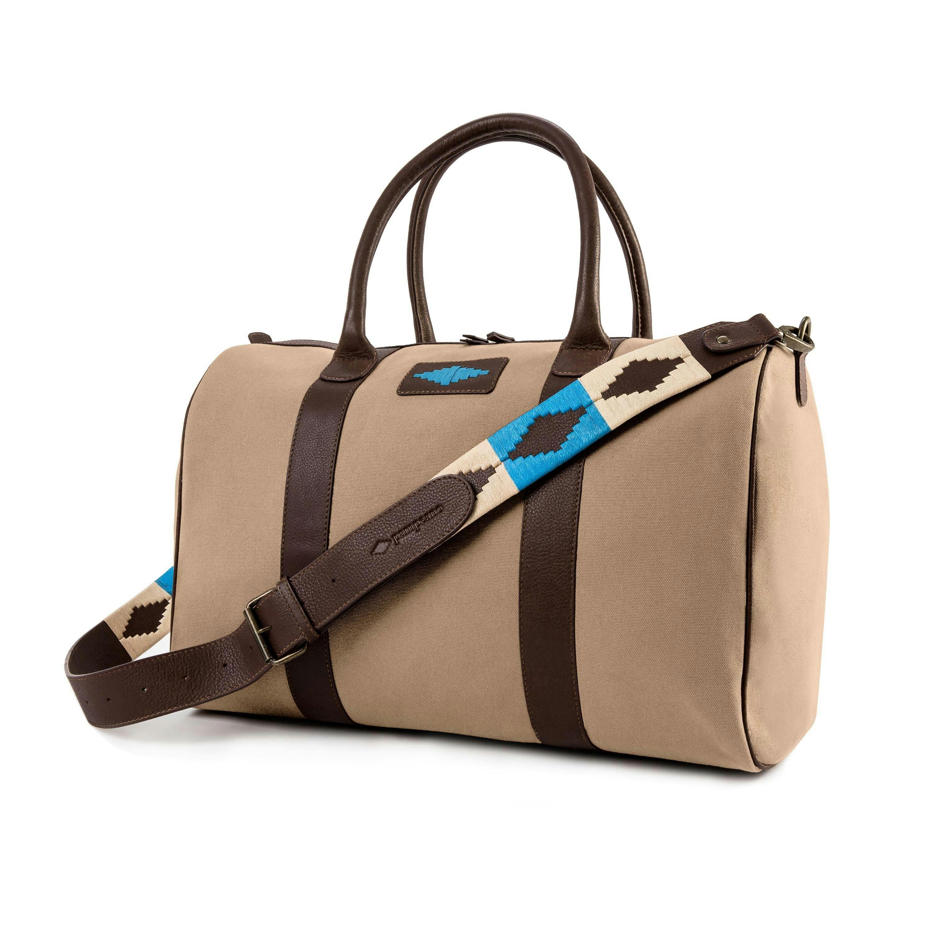 Caballero large travel bag - brown leather and sand canvas with blue stitching , view 1 of 1