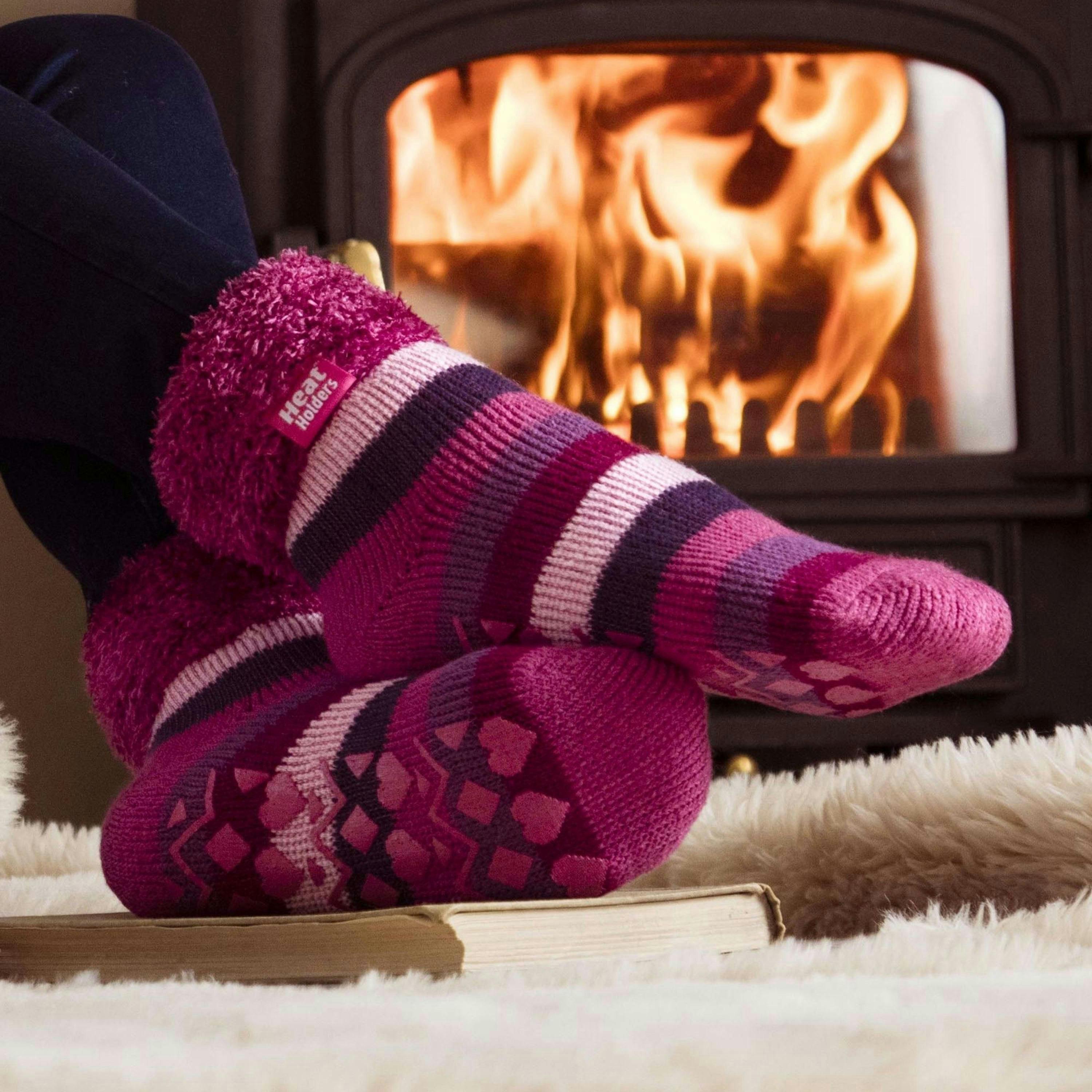 Ladies 3 Pair Multipack Fluffy Fleece Slipper Bed Socks with Non Slip Grips , view 5 of 5