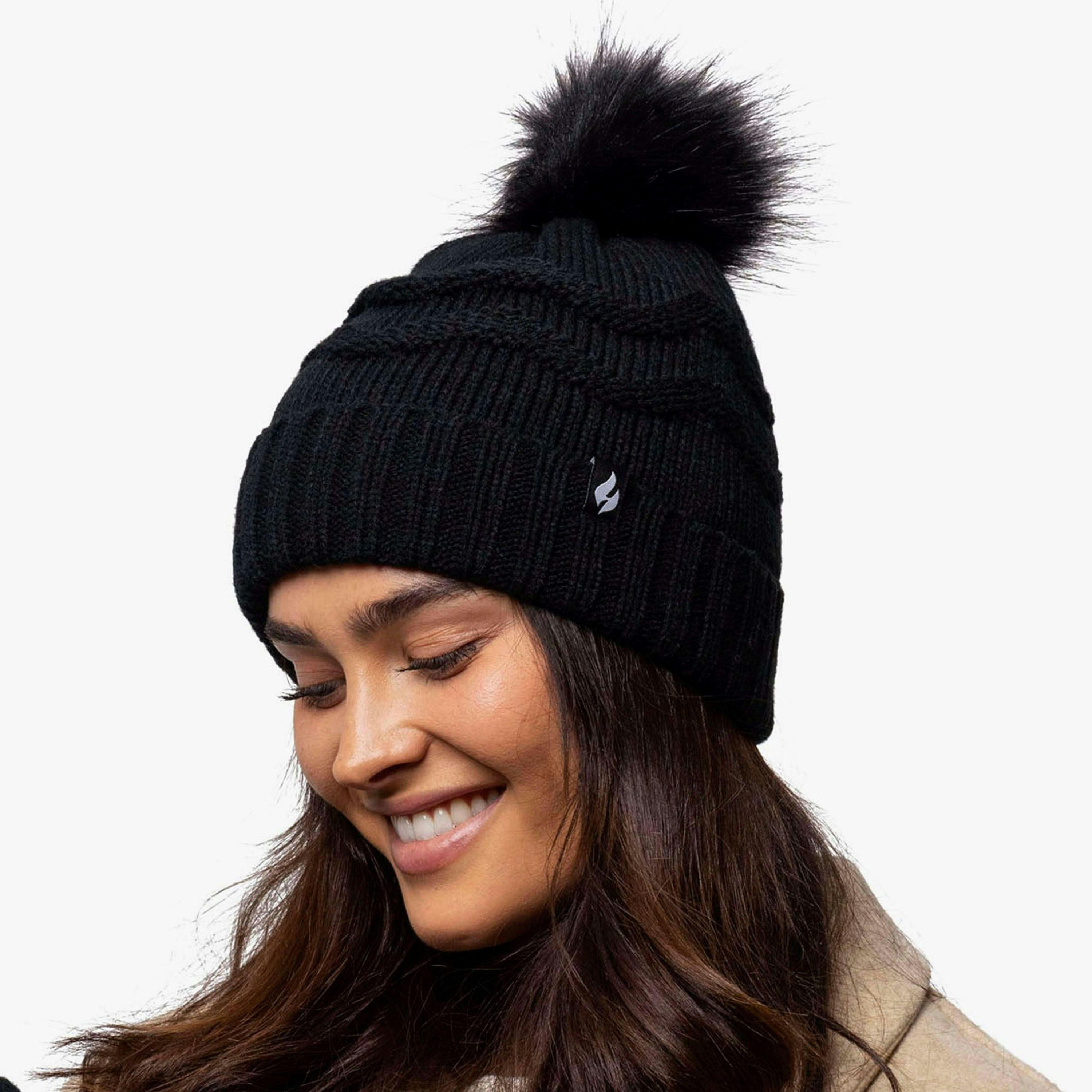 Ladies Zig Zag Turnover Thermal Pom Pom Hat for Winter , view 4 of 5