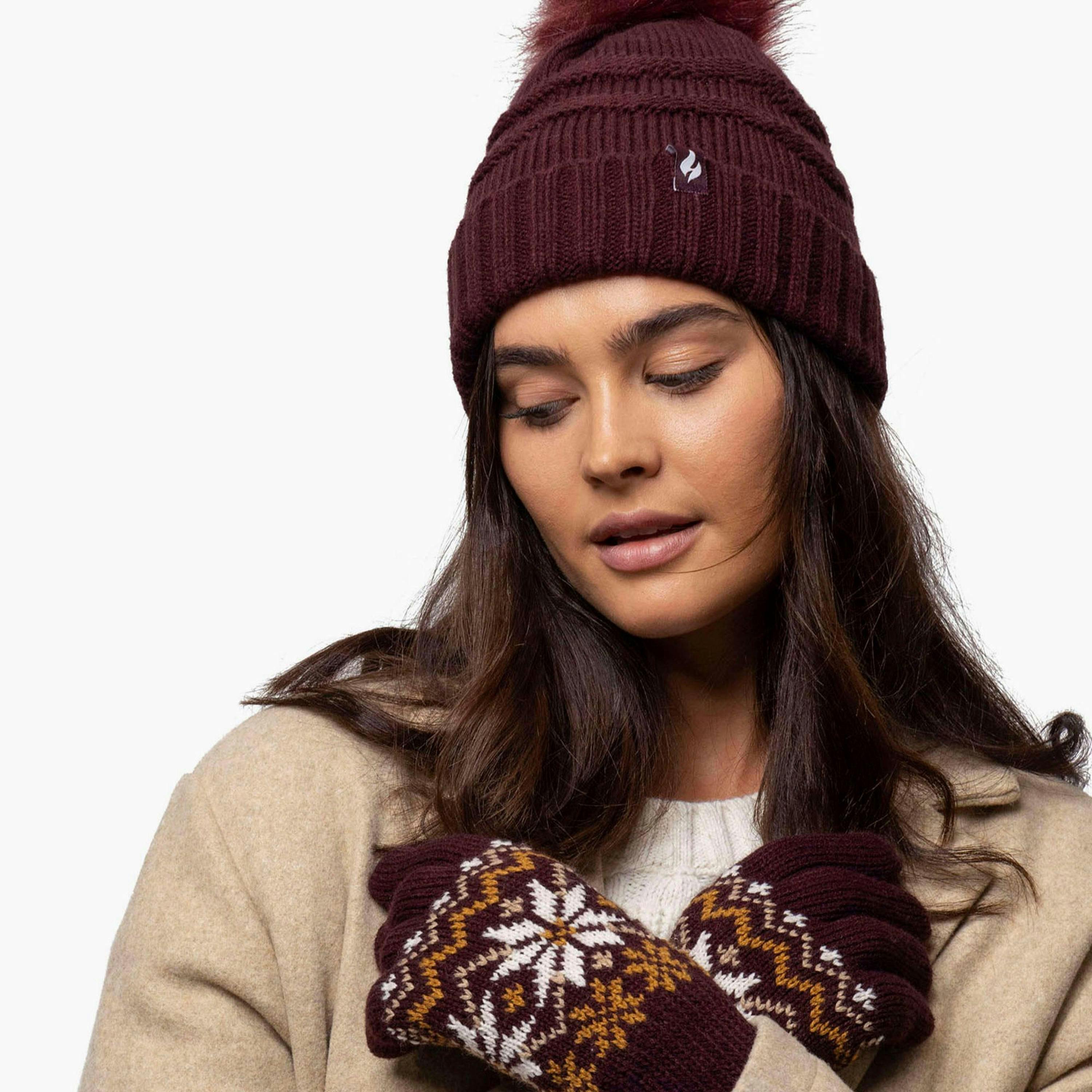 Ladies Zig Zag Turnover Thermal Pom Pom Hat for Winter , view 5 of 5