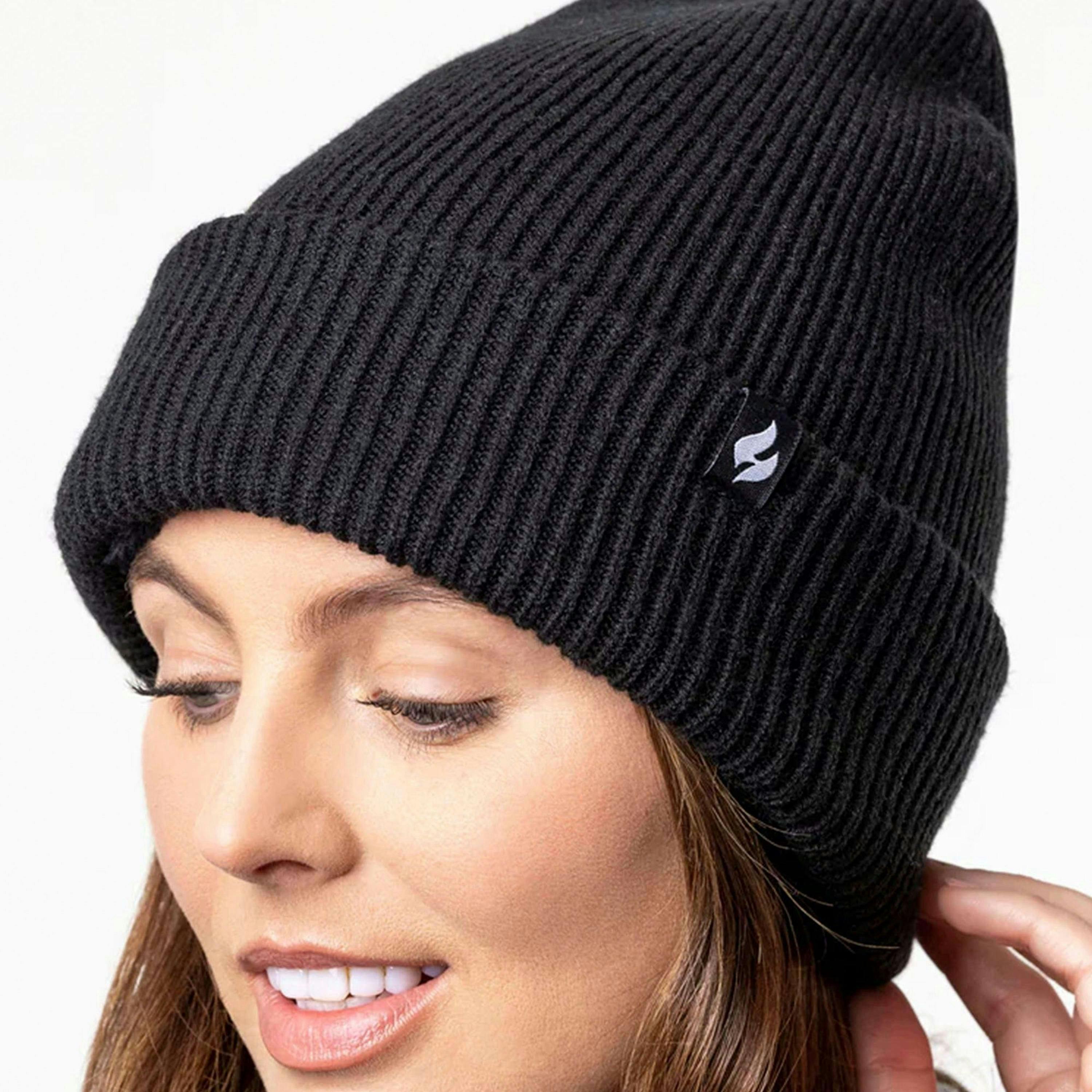 Ladies Fleece Lined Ribbed Thermal Turnover Hat for Winter , view 4 of 5