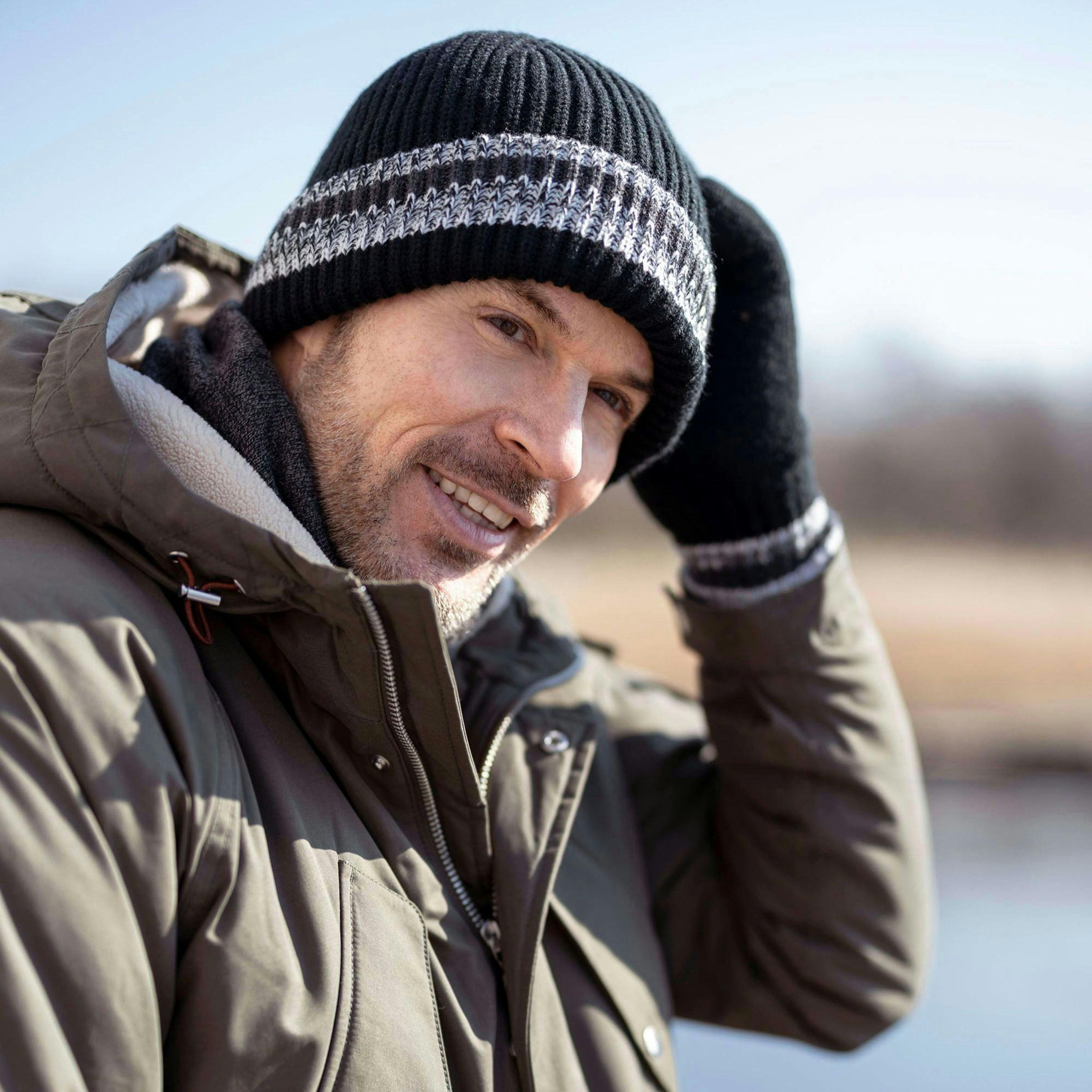 Mens Striped Turnover Cuff Knitted Thermal Beanie Hat for Winter , view 3 of 5