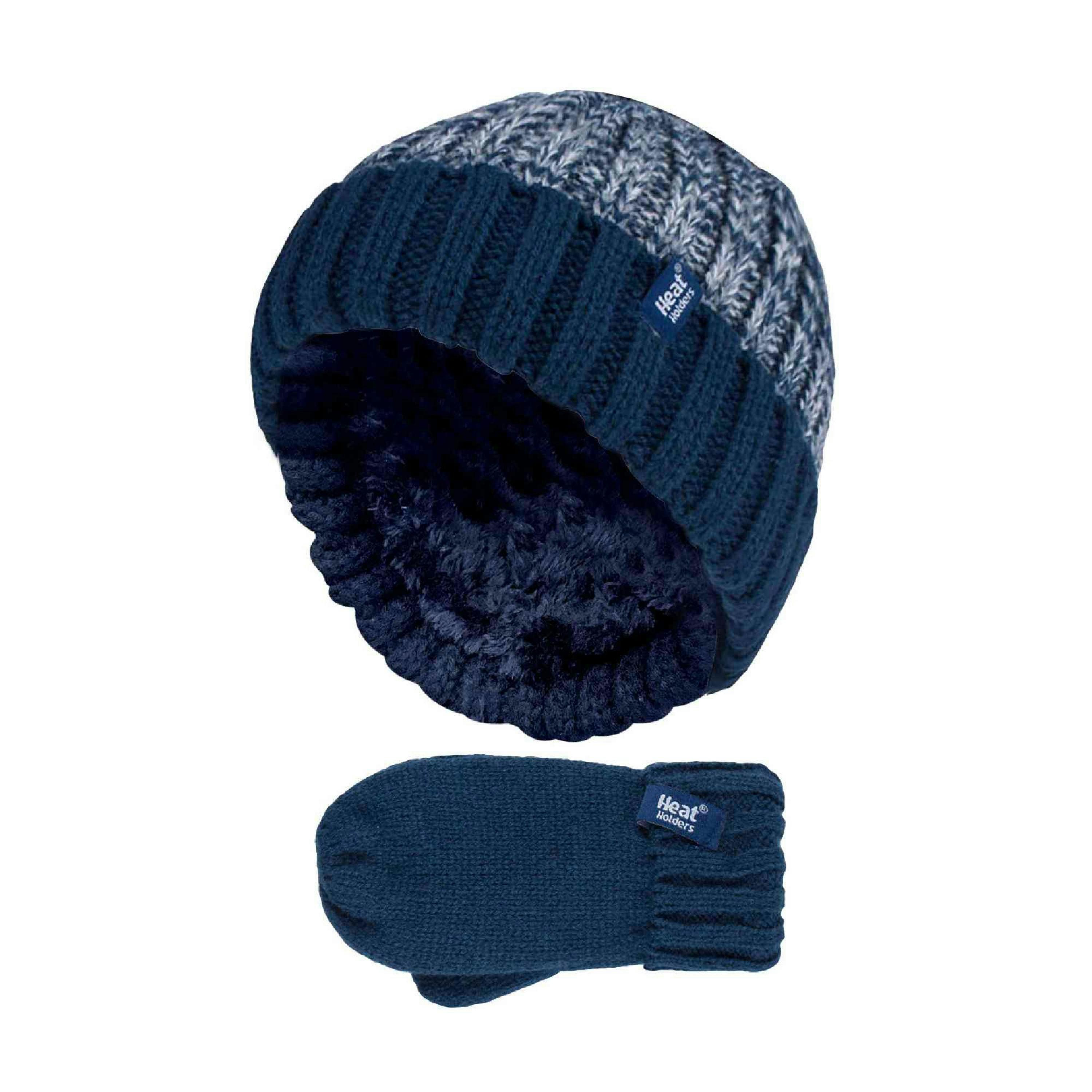 Kids Boys Winter Knitted Thermal Fleece Lined Cuffed Beanie Hat & Mittens Set , view 1 of 4