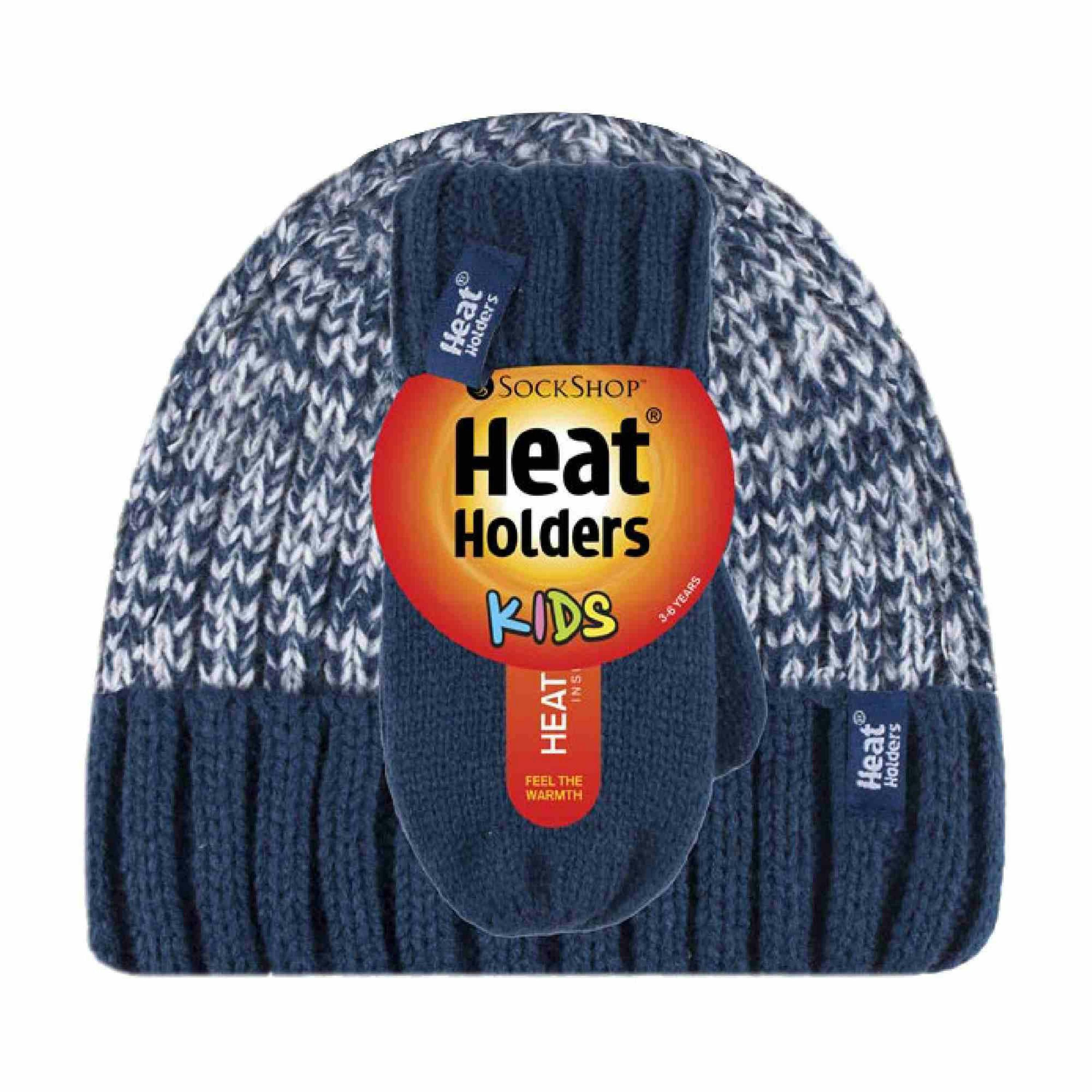 Kids Boys Winter Knitted Thermal Fleece Lined Cuffed Beanie Hat & Mittens Set , view 2 of 4