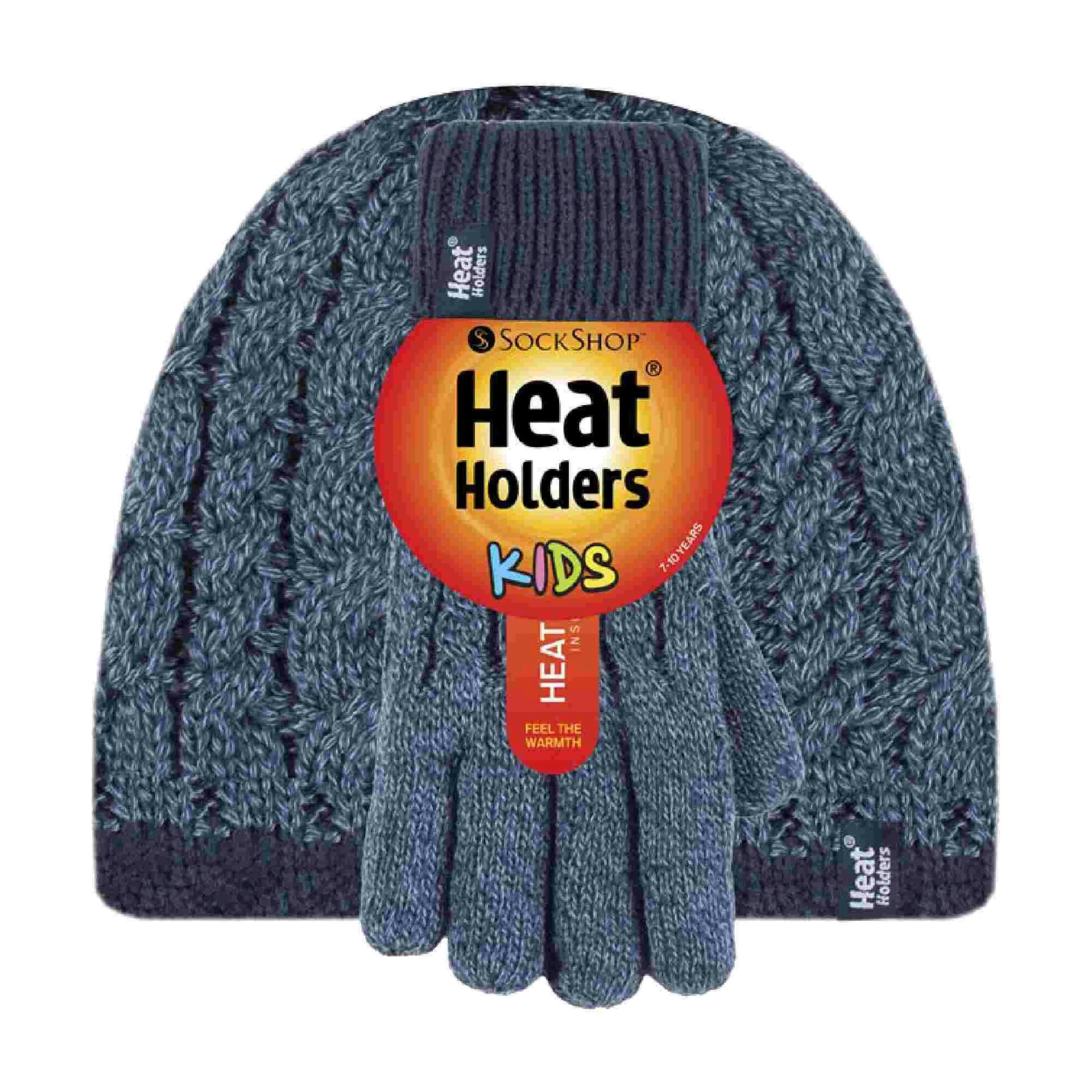 Boys Kids Cable Knit Warm Fleece Lined Thermal Winter Hat & Gloves Set , view 2 of 4