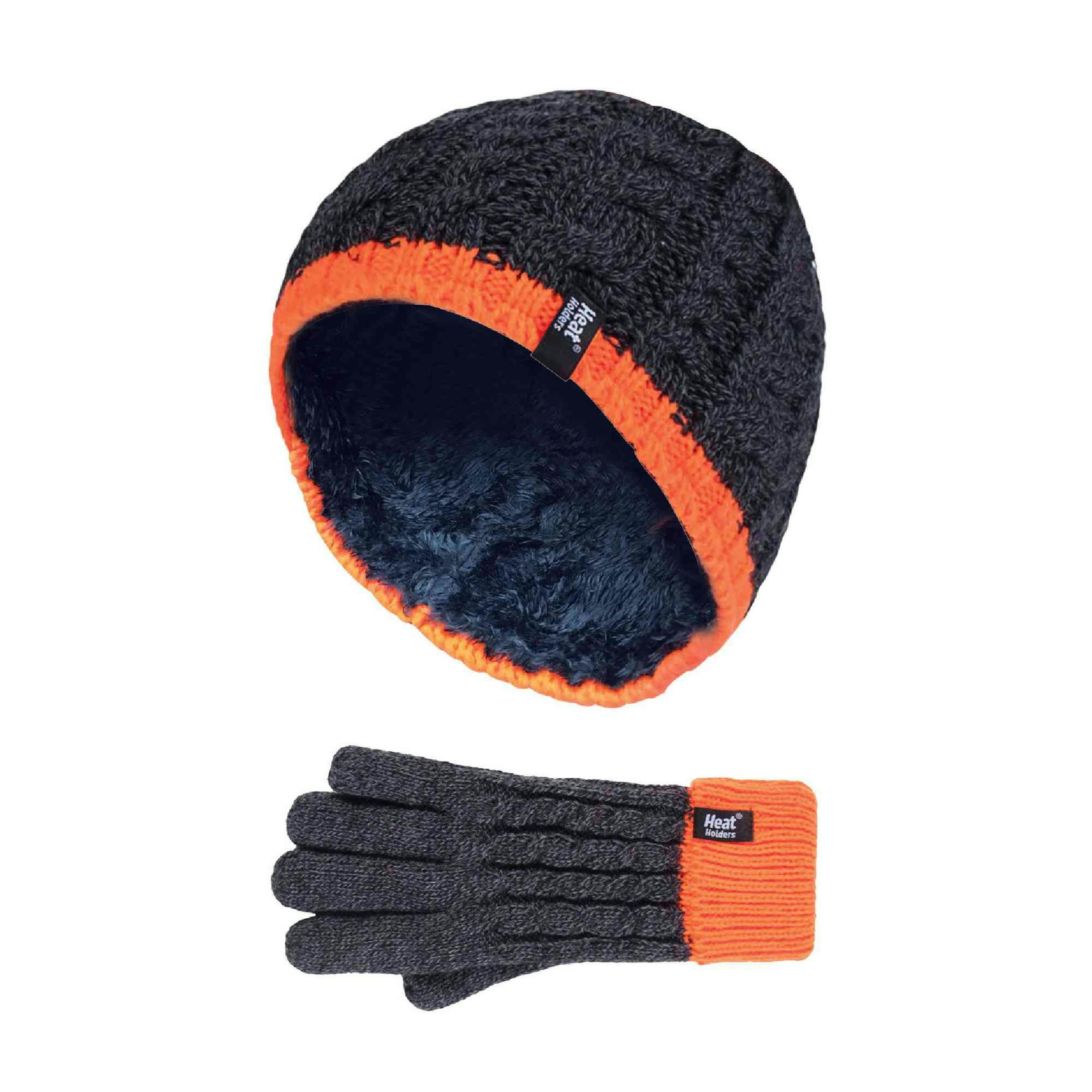 Boys Kids Cable Knit Warm Fleece Lined Thermal Winter Hat & Gloves Set , view 1 of 4