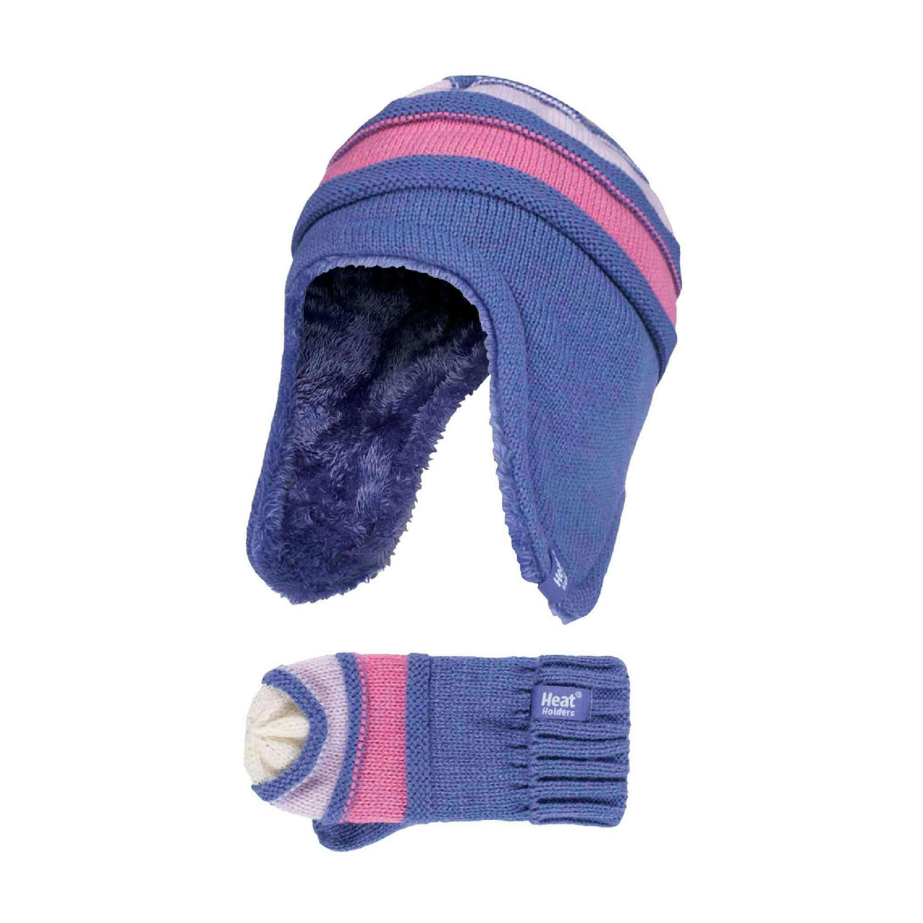 Kids Winter Warm Fleece Lined Thermal Beanie Hat & Mittens with Ear Flaps , view 1 of 4