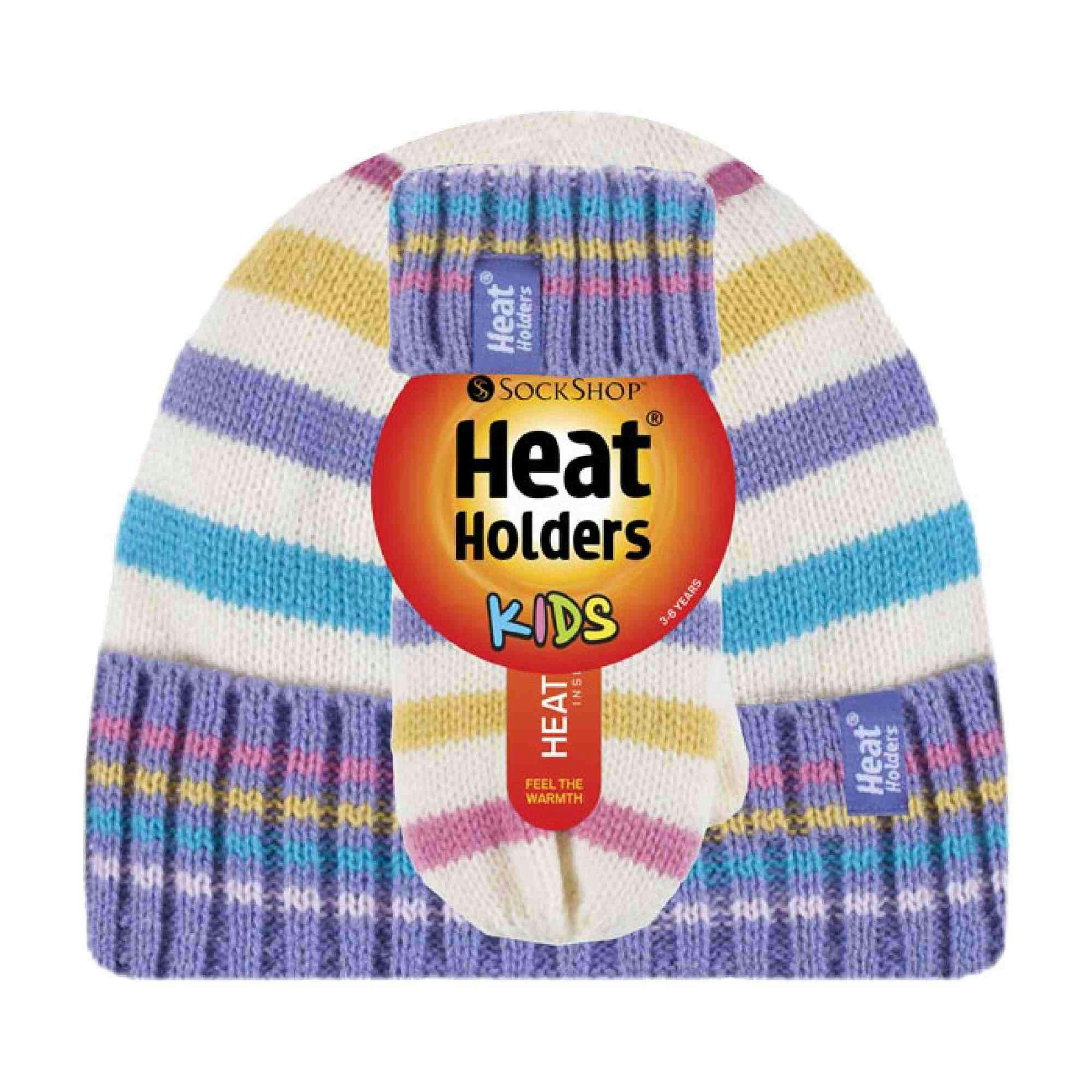 Kids Fleece Lined Knitted Striped Colourful Winter Thermal Hat & Mittens Set , view 2 of 5