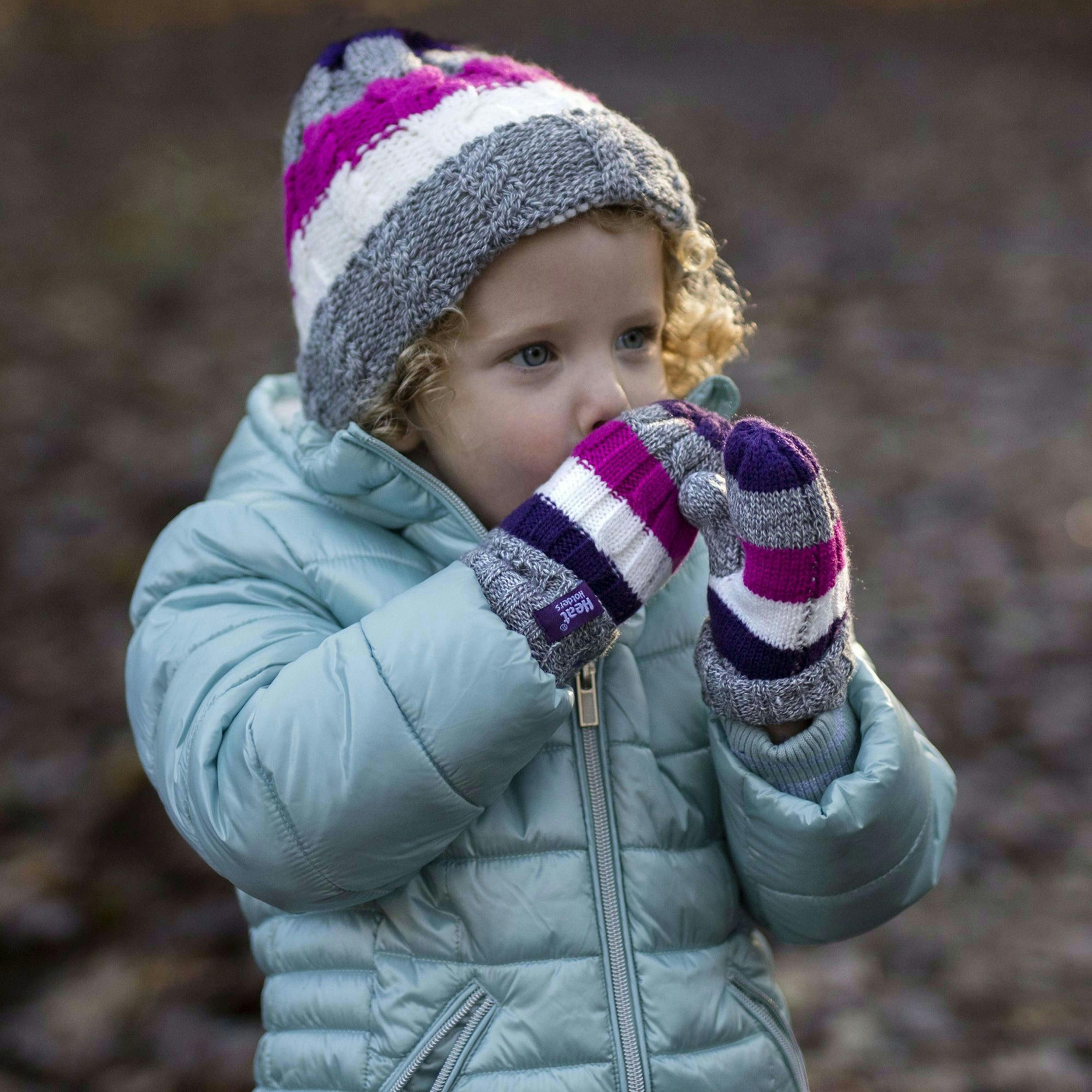 Kids Fleece Lined Knitted Striped Colourful Winter Thermal Hat & Mittens Set , view 3 of 5