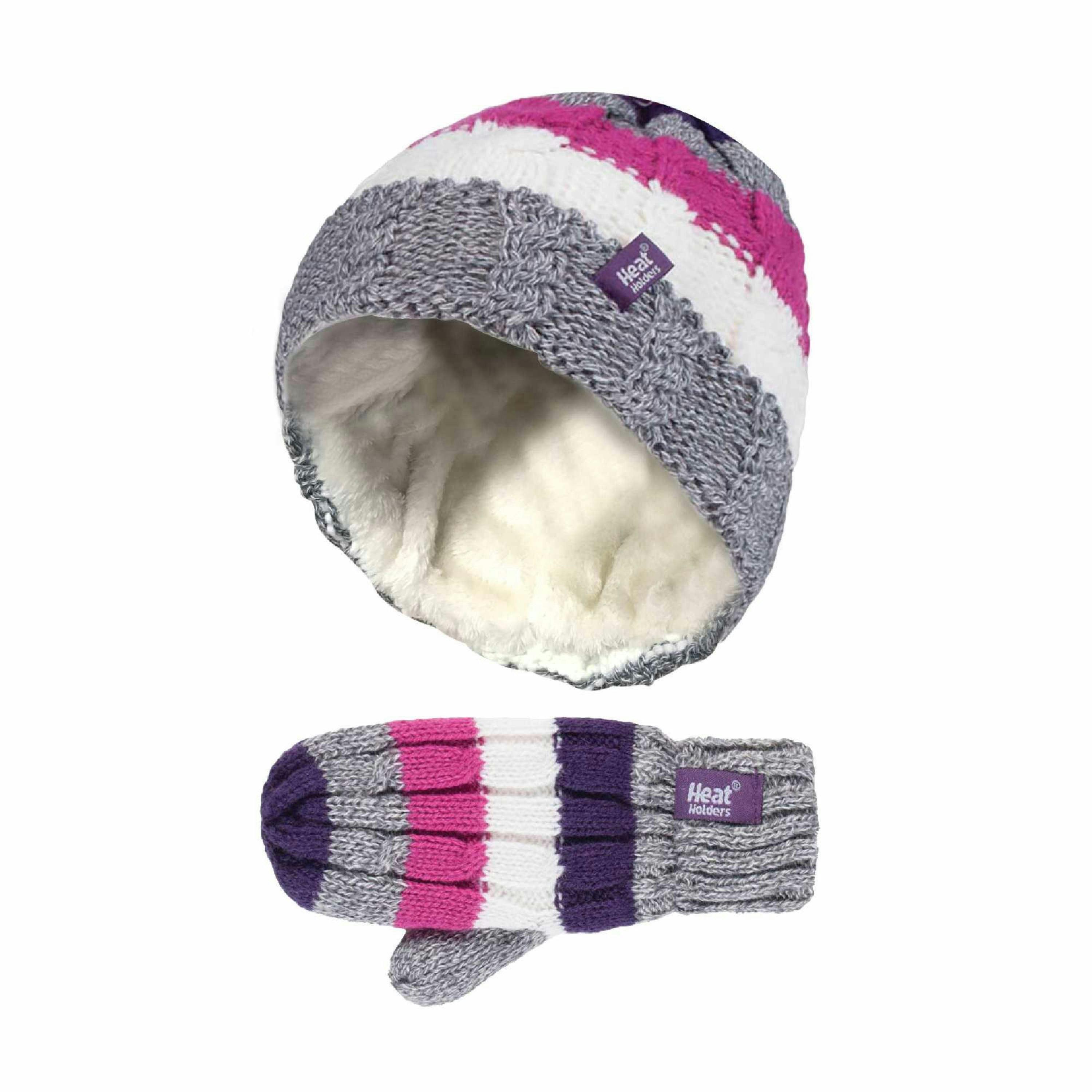 Kids Fleece Lined Knitted Striped Colourful Winter Thermal Hat & Mittens Set , view 1 of 5