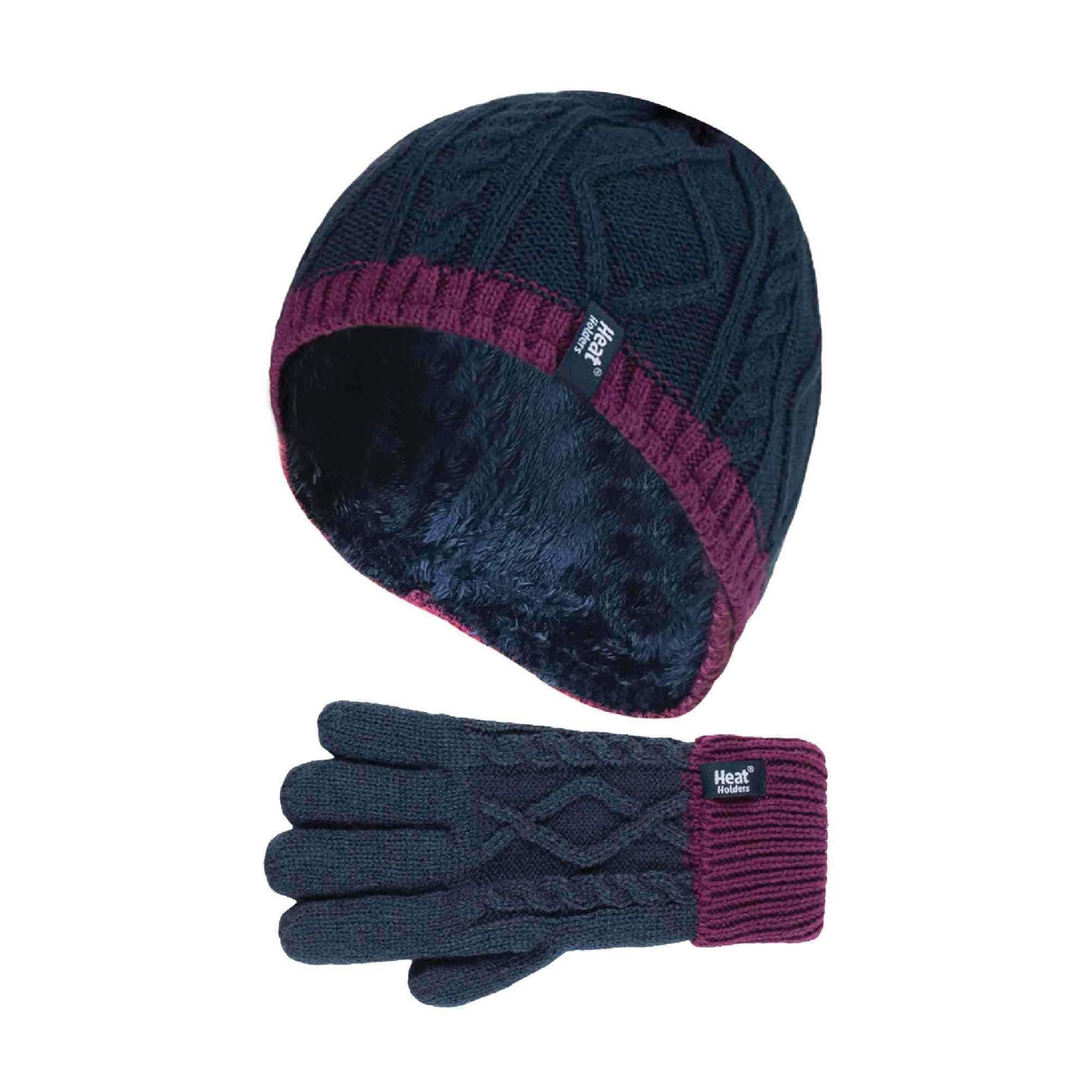 Kids Girls Cable Knitted Warm Fleece Lined Winter Hat & Gloves Set , view 1 of 5