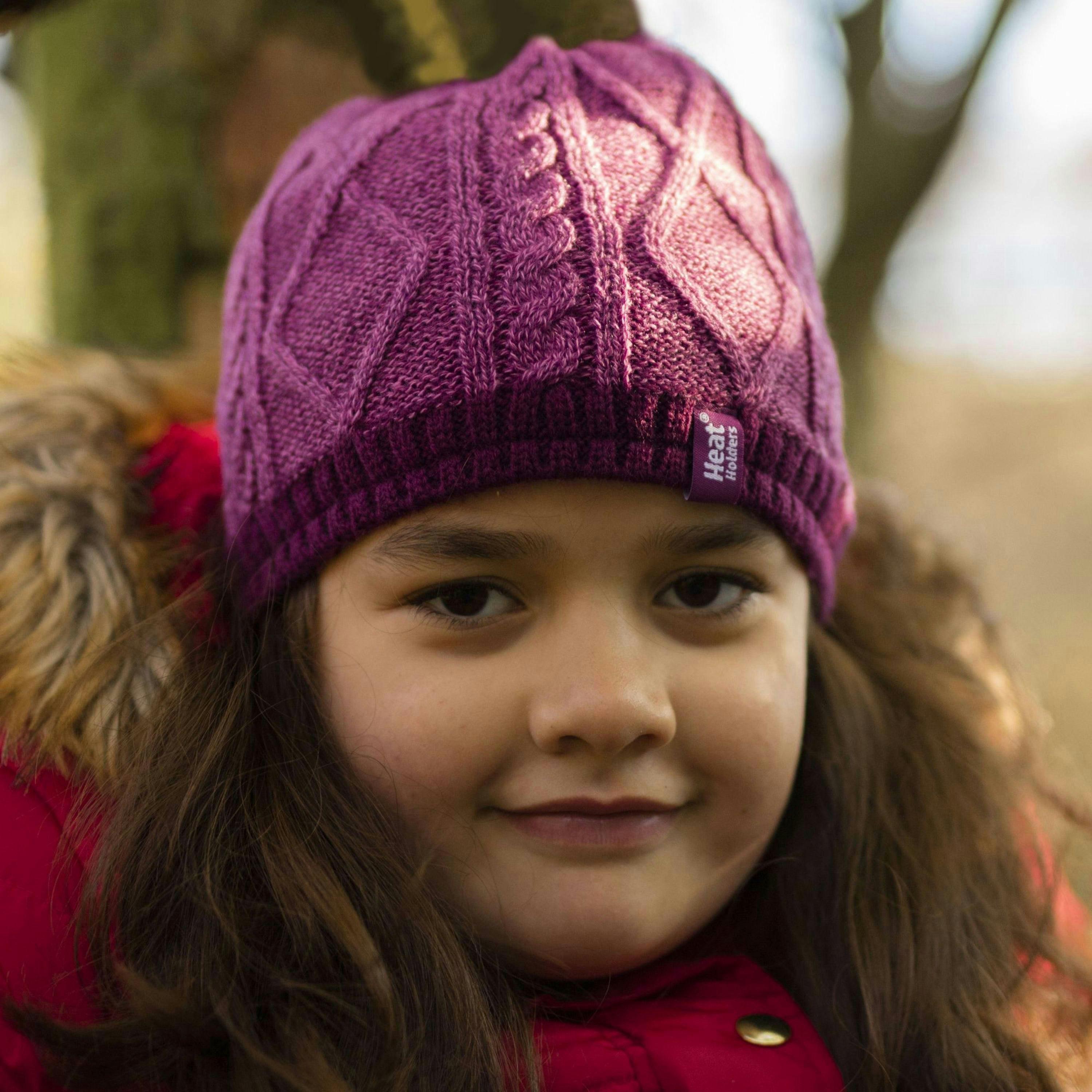 Kids Girls Cable Knitted Warm Fleece Lined Winter Hat & Gloves Set , view 3 of 5