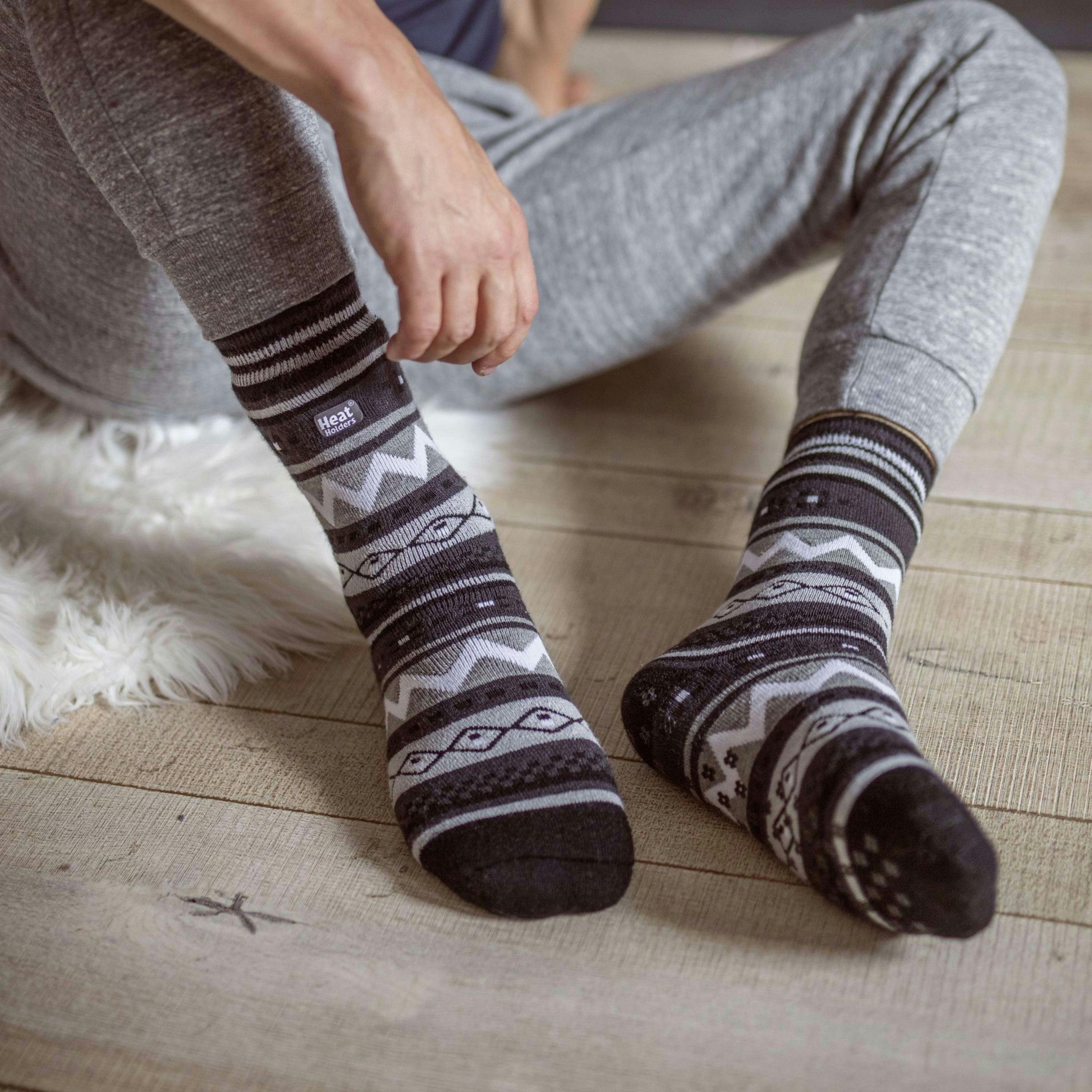 Mens Nordic Patterned Non Slip Thermal Slipper Socks with Grips , view 3 of 5