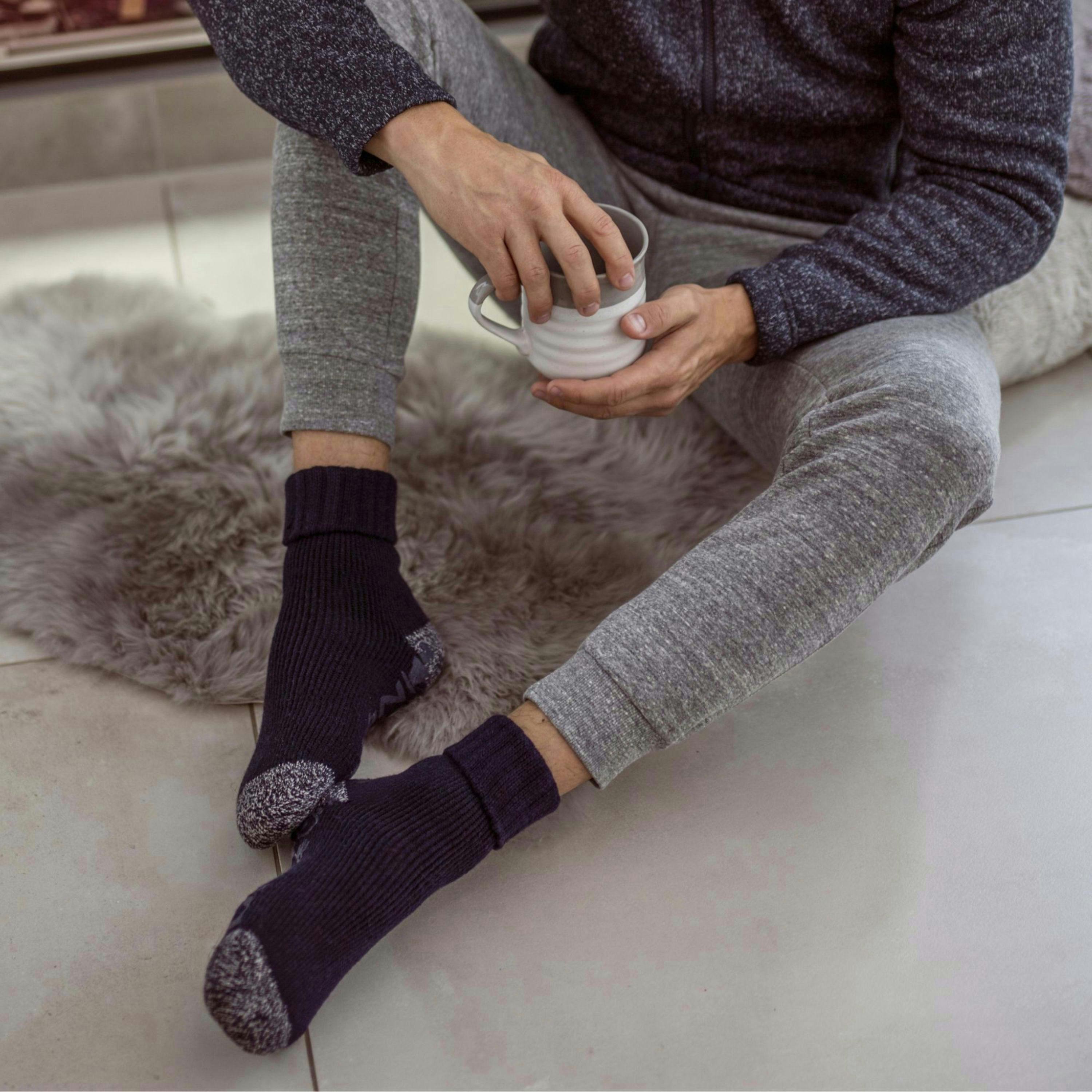 Mens Turnover Thermal Fleece Lined Bed Socks with Non Slip Grips , view 3 of 5