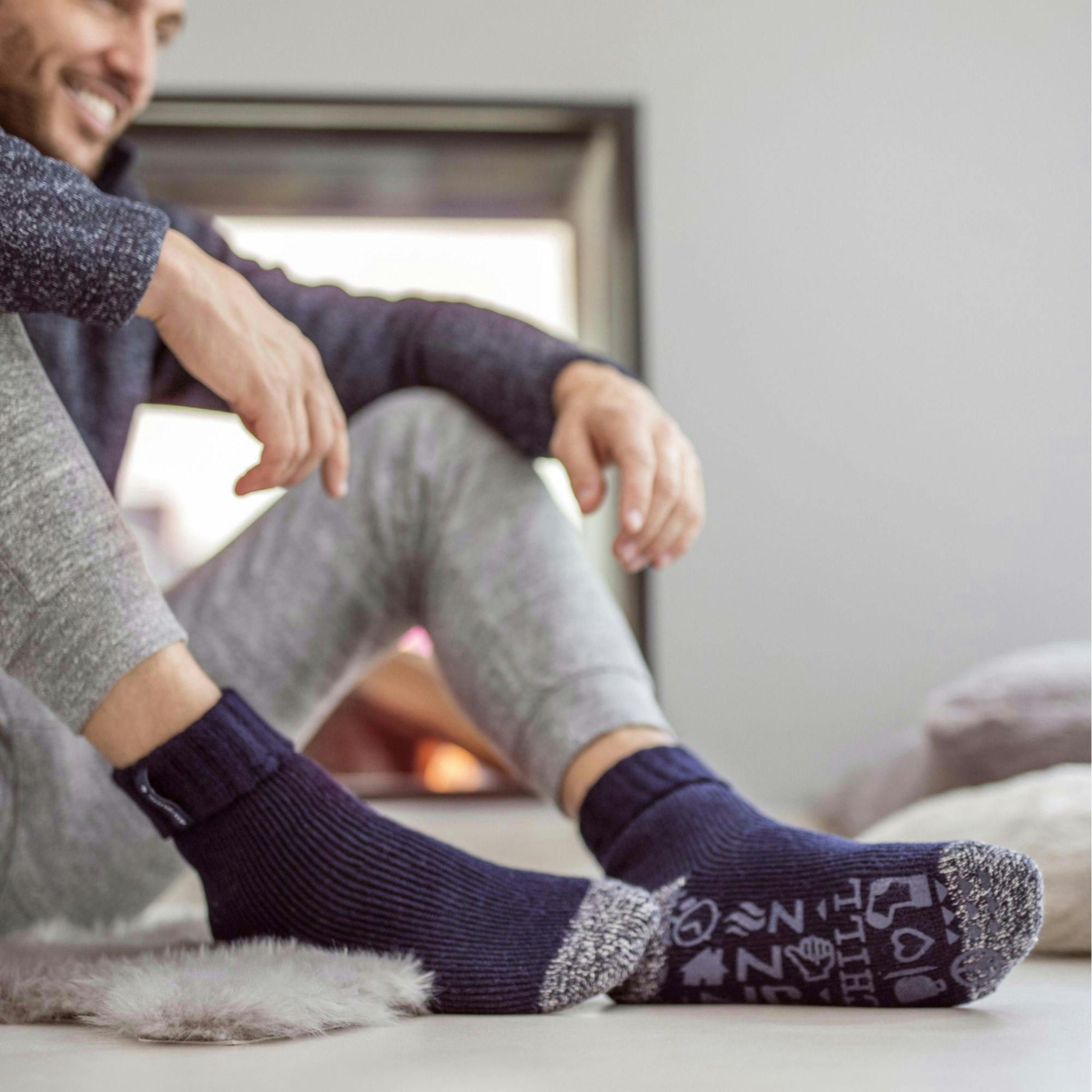 Mens Turnover Thermal Fleece Lined Bed Socks with Non Slip Grips , view 4 of 5