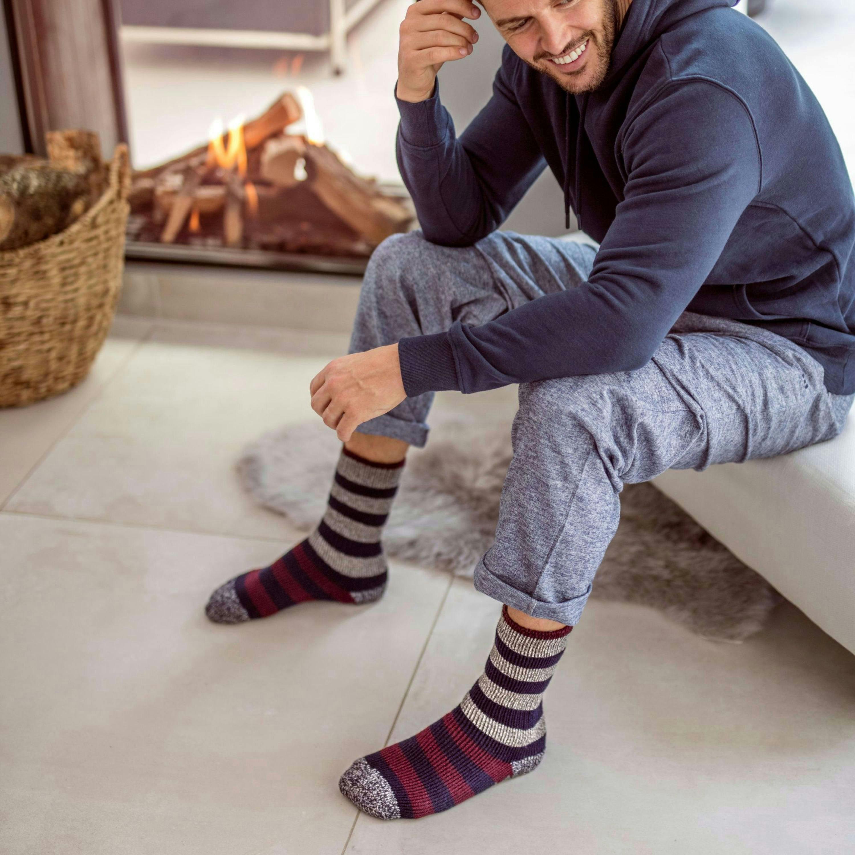 Mens Fleece Lined Non Slip Thick Striped Slipper Socks , view 3 of 5