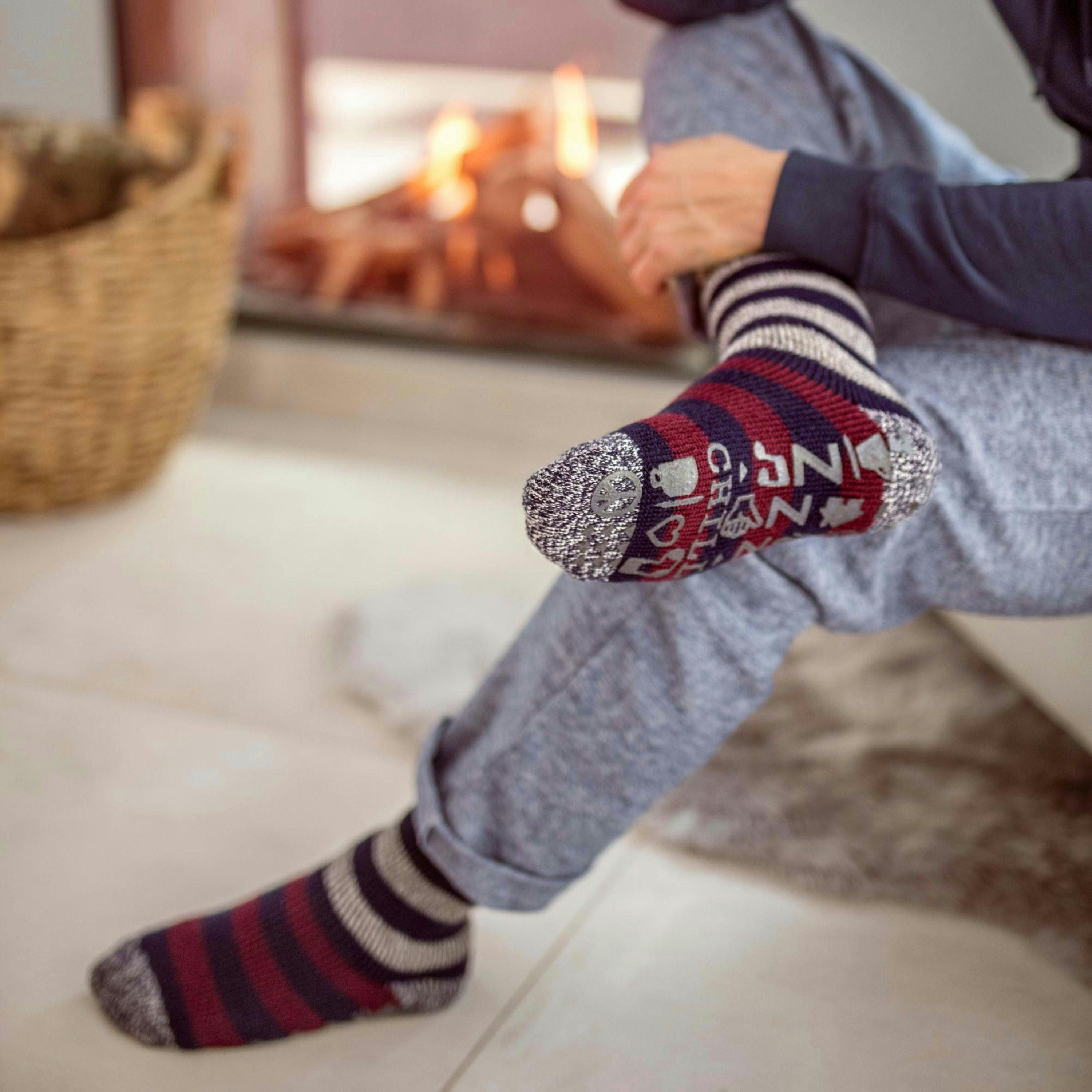 Mens Fleece Lined Non Slip Thick Striped Slipper Socks , view 4 of 5