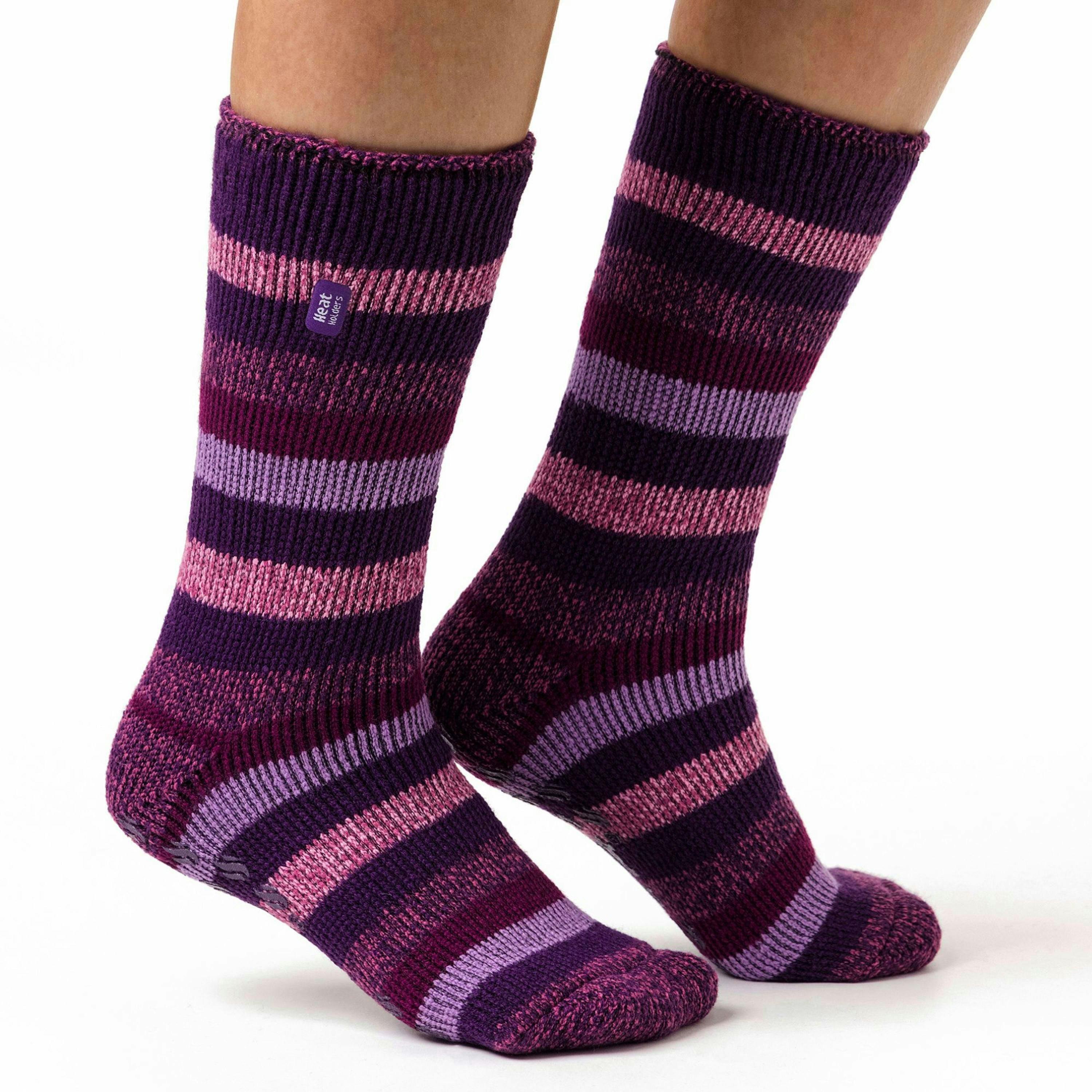 Ladies Striped Non Skid Thermal Slipper Socks with Grips , view 3 of 5