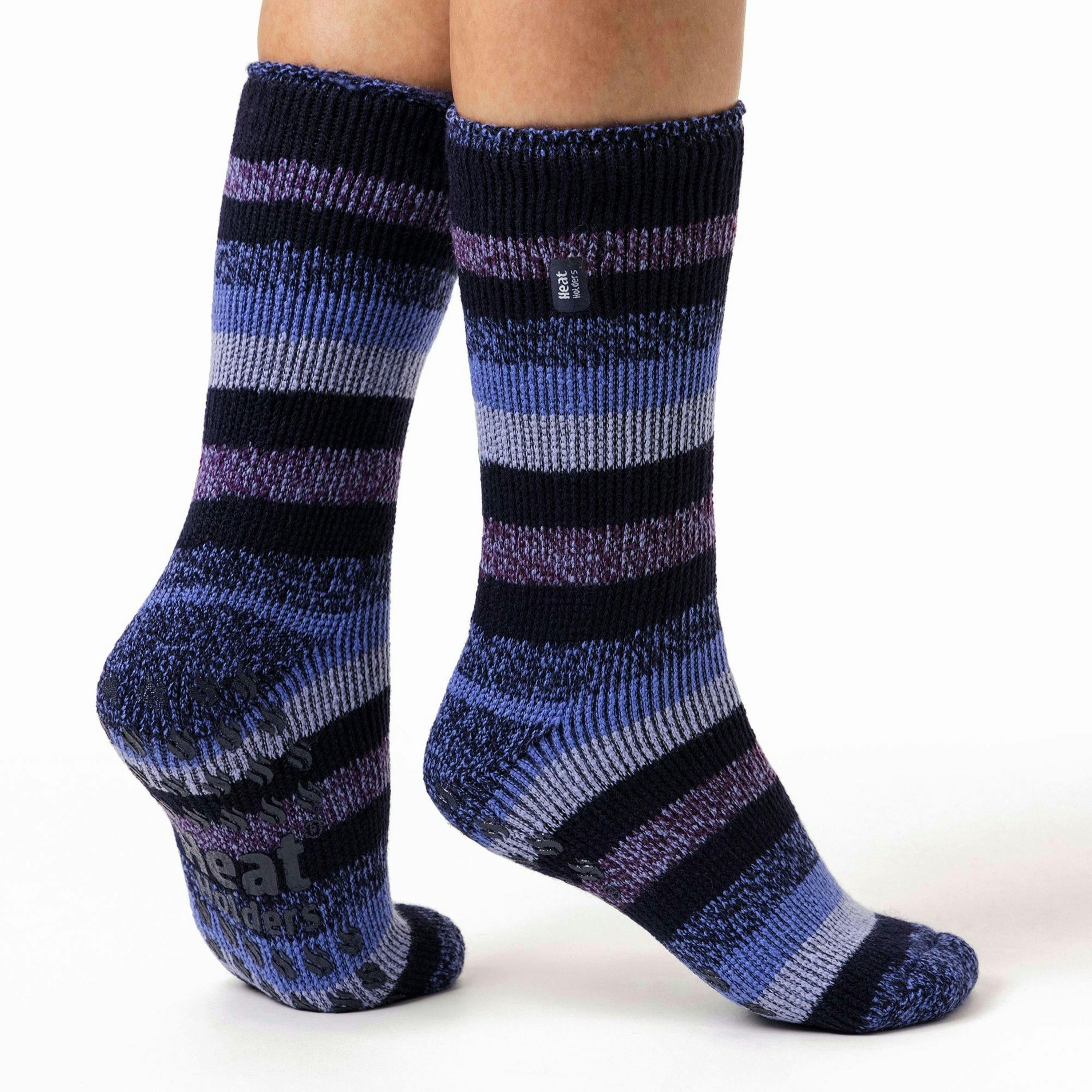 Ladies Striped Non Skid Thermal Slipper Socks with Grips , view 4 of 5