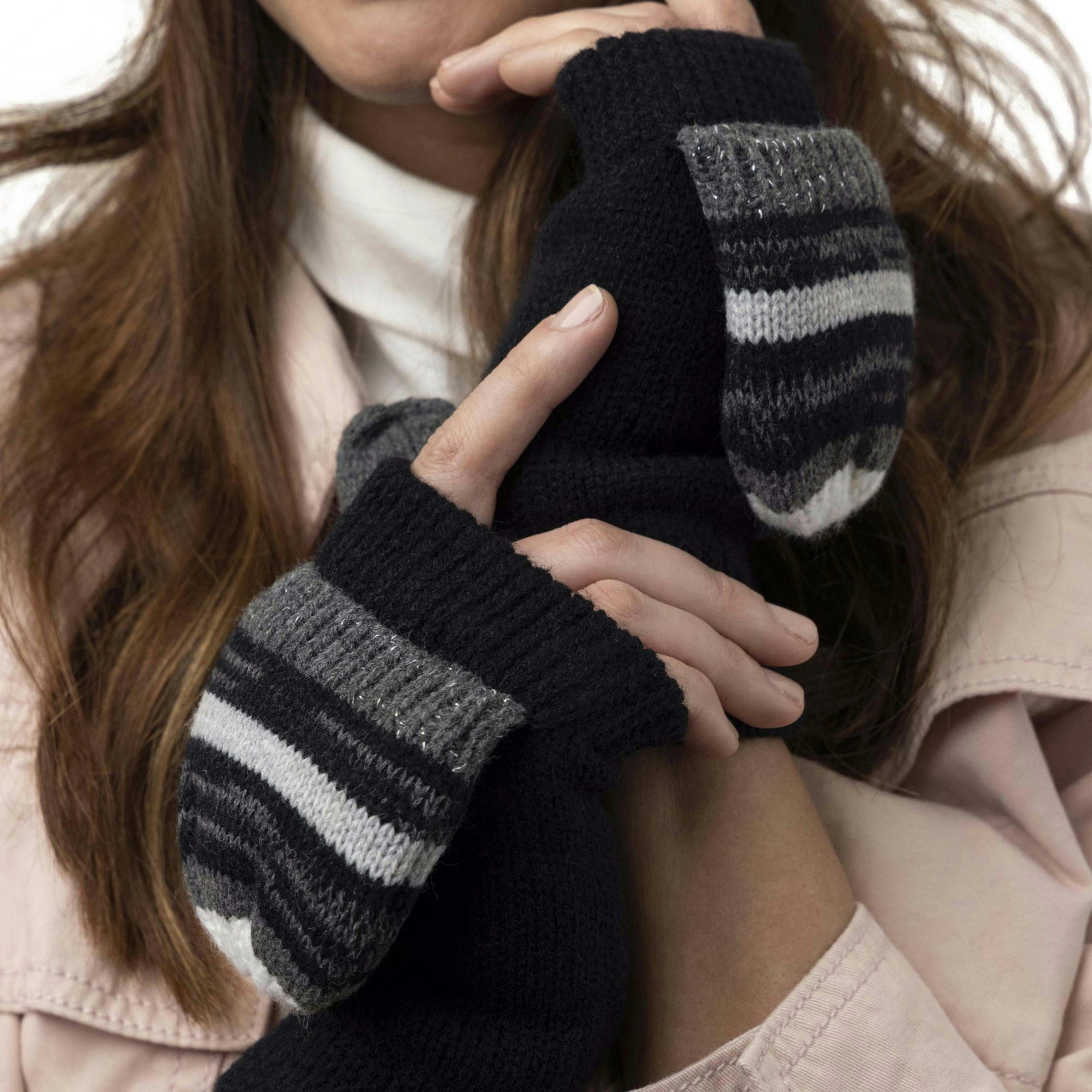 Ladies Striped Fleece Lined Thermal Knitted Converter Mitten Gloves , view 5 of 5