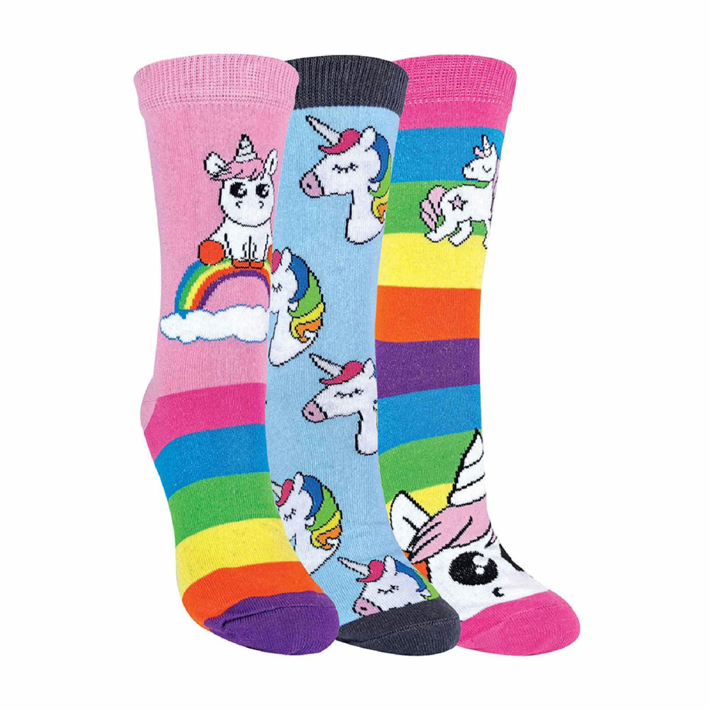 3 Pack Girls Soft Cotton Unicorn Striped Rainbow Design Socks , view 1 of 5