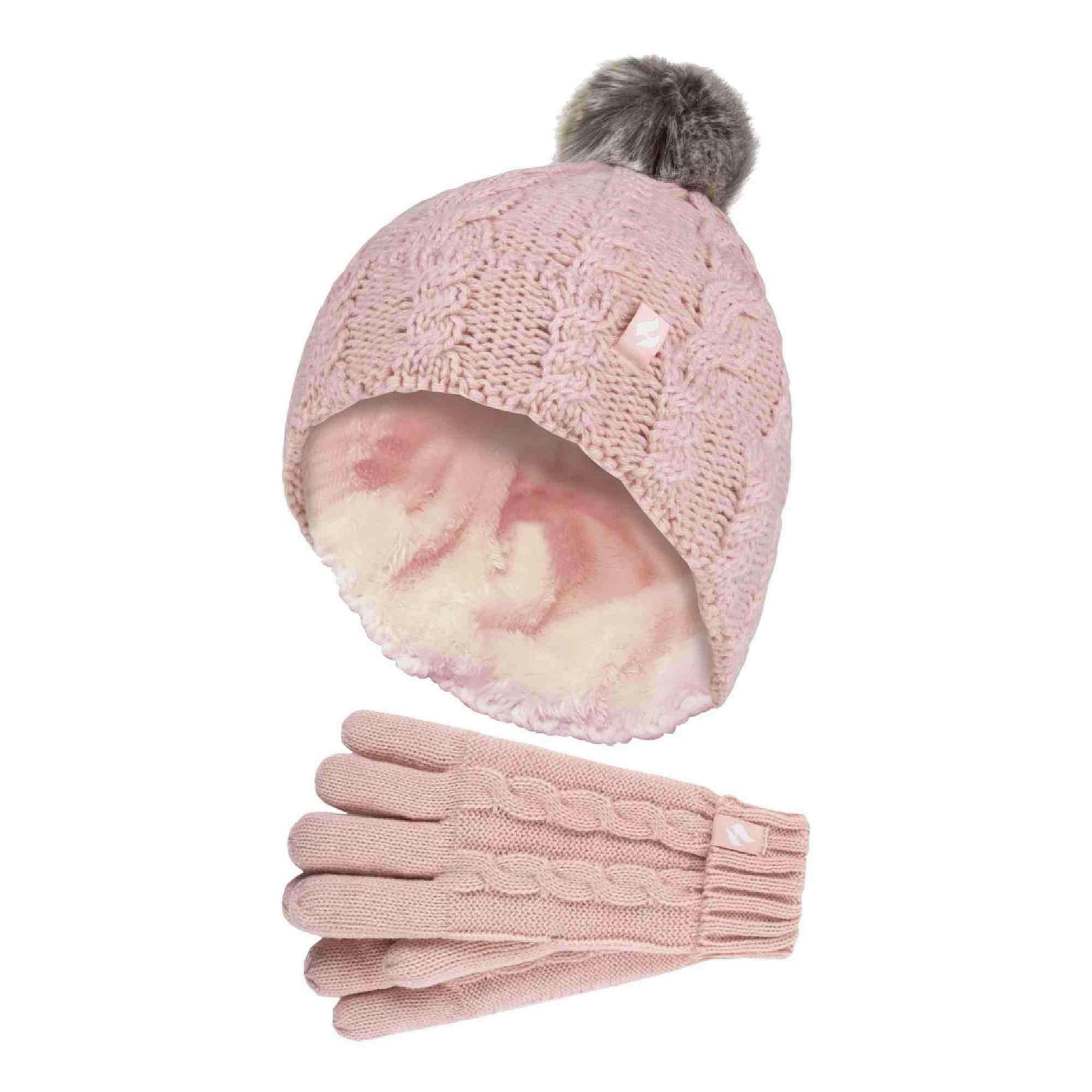 Girls Cable Knit Bobble Pom Pom Thermal Hat & Gloves Set , view 1 of 4