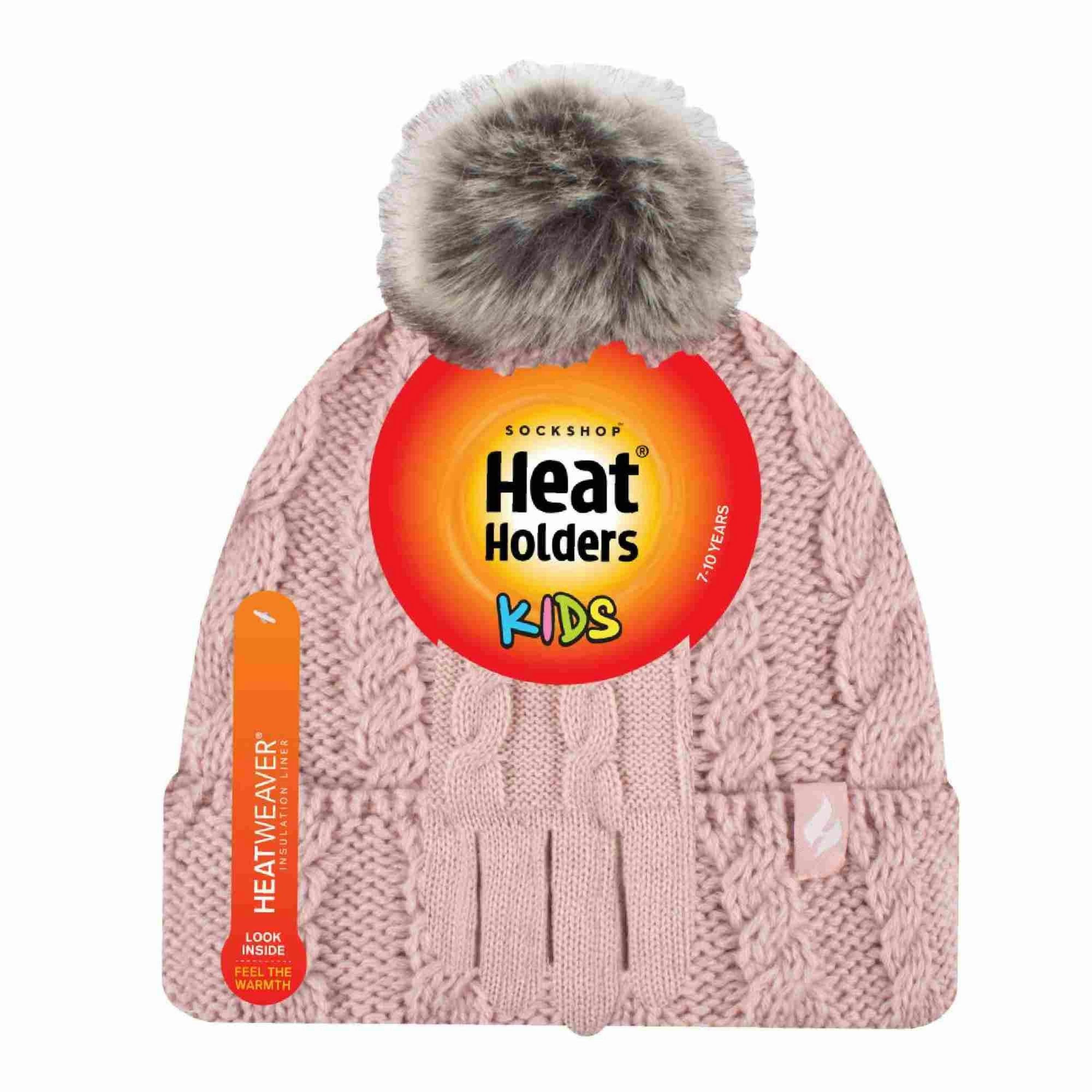 Girls Cable Knit Bobble Pom Pom Thermal Hat & Gloves Set , view 2 of 4