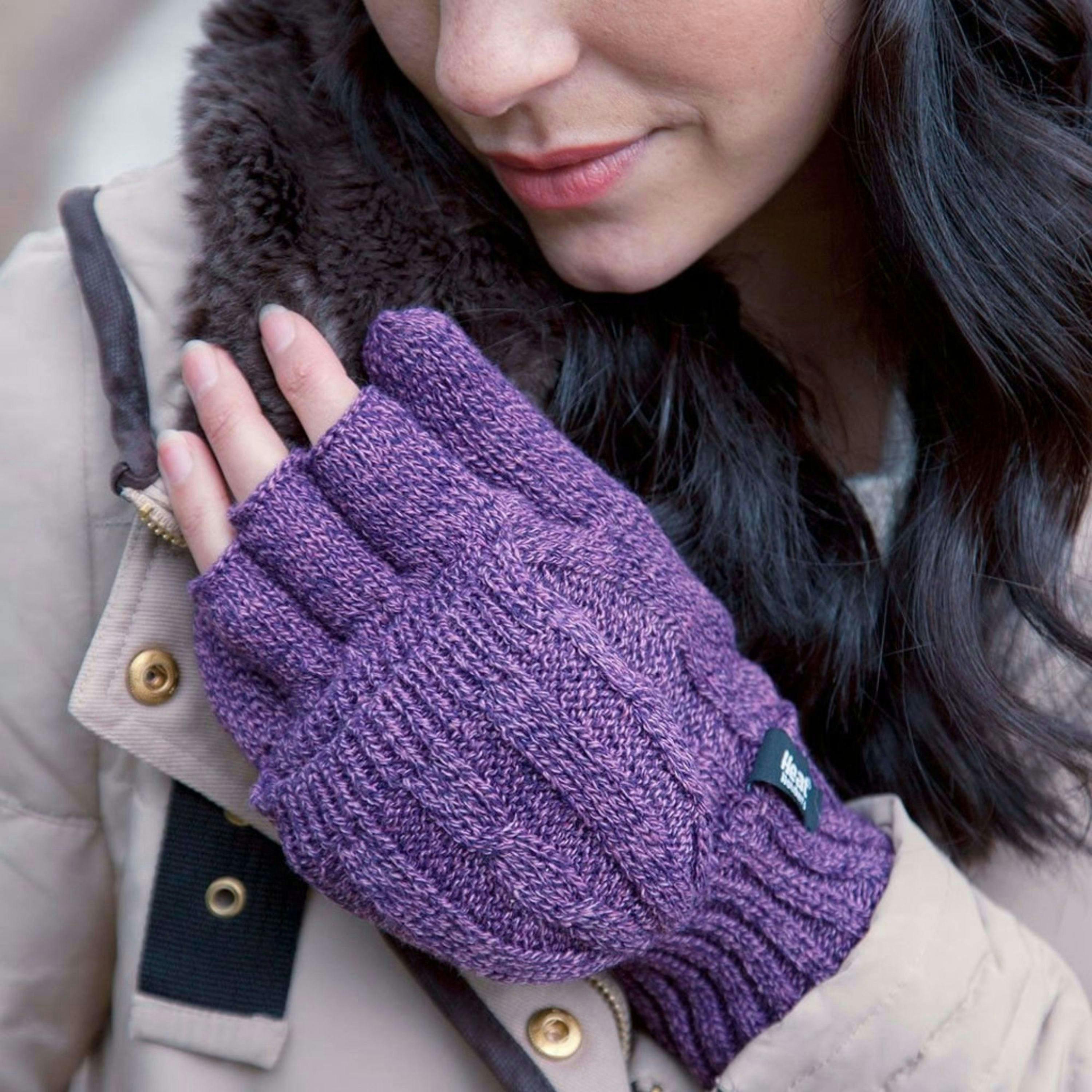 Ladies Cable Knit 2.3 Tog Thermal Winter Fingerless Converter Gloves , view 3 of 5