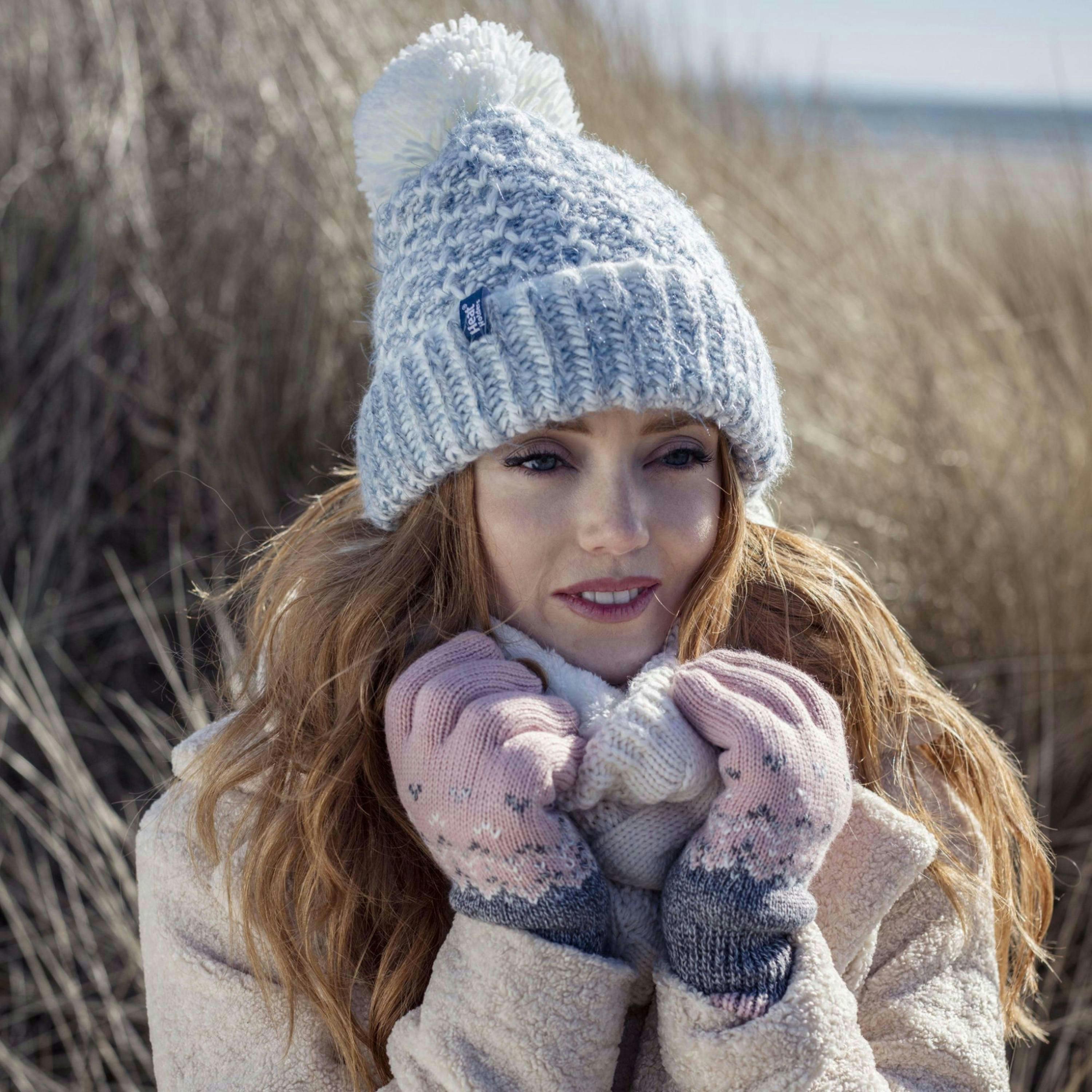 Ladies Fleece Lined Cuffed Thermal Winter Bobble Hat with Pom Pom , view 3 of 5