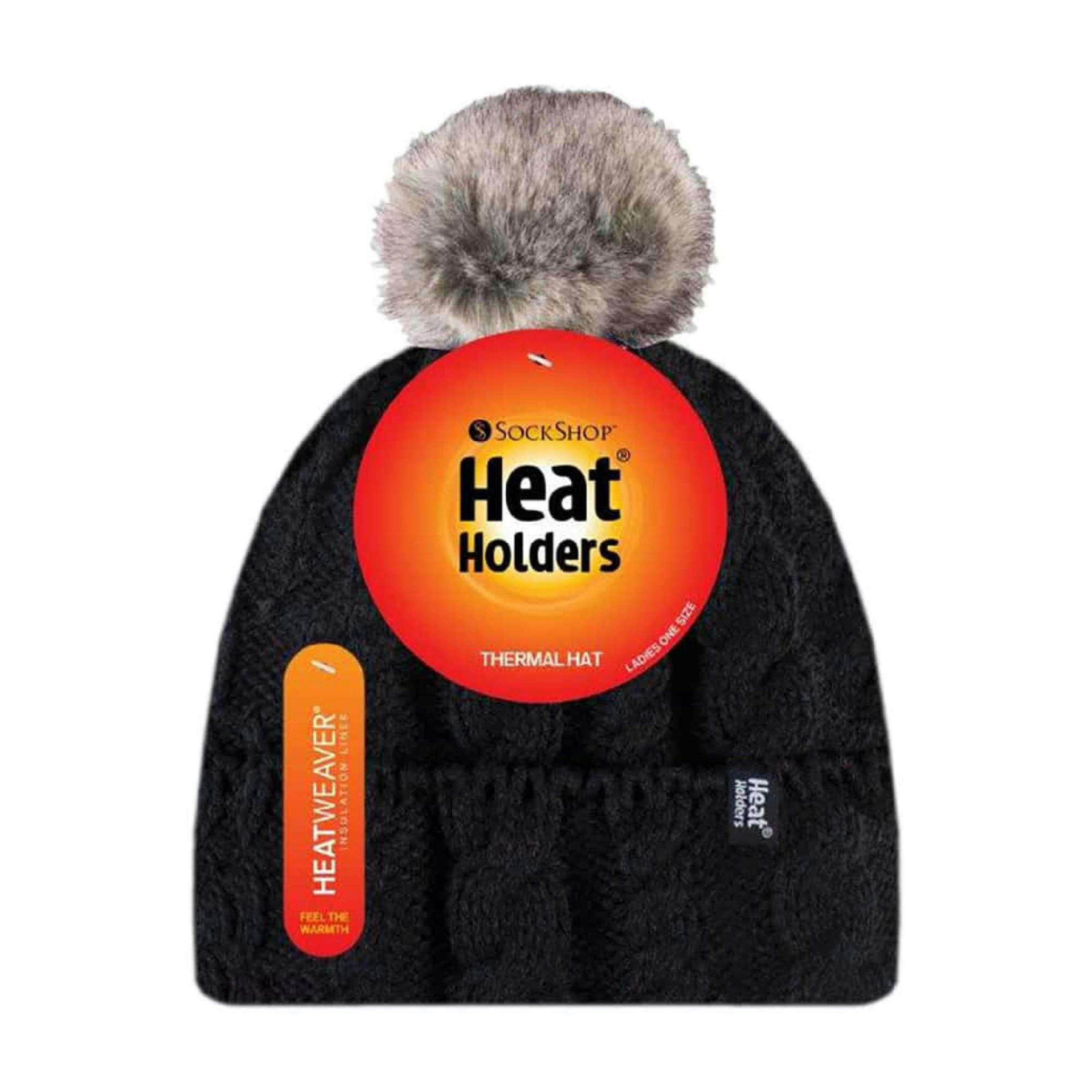Ladies Cable Knit Fleece Lined Thermal Winter Bobble Hat with Pom Pom , view 2 of 5