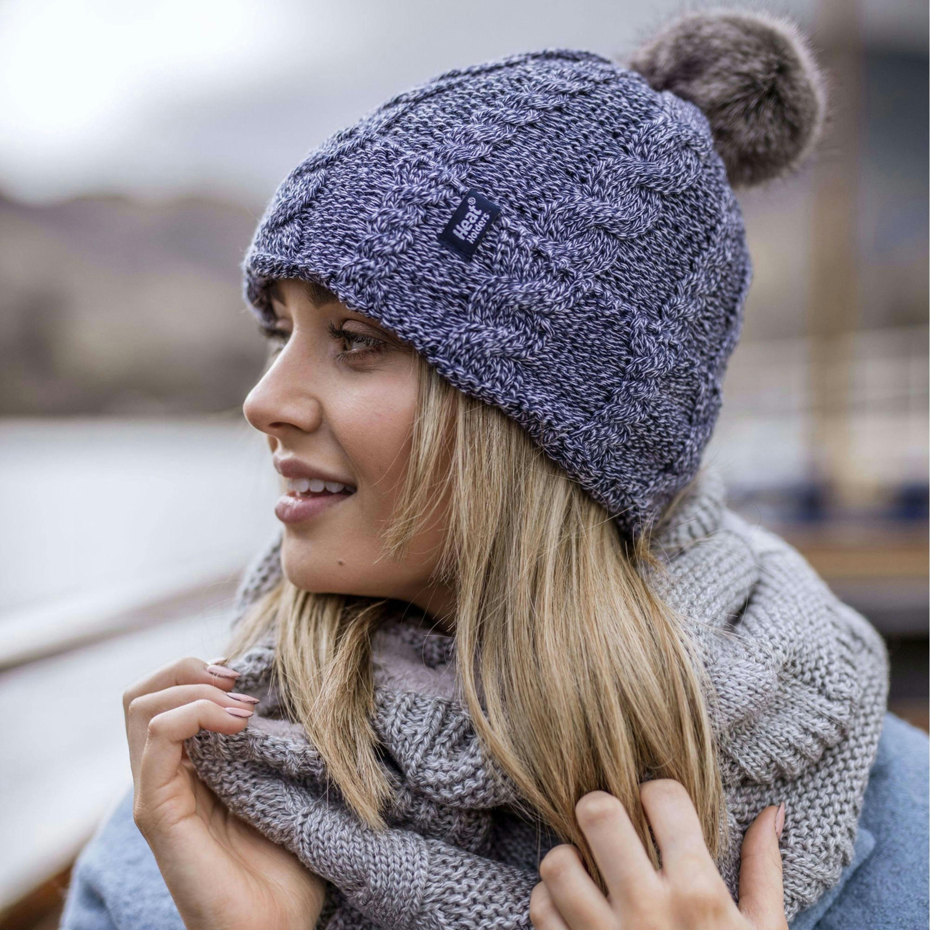 Ladies Cable Knit Fleece Lined Thermal Winter Bobble Hat with Pom Pom , view 3 of 5