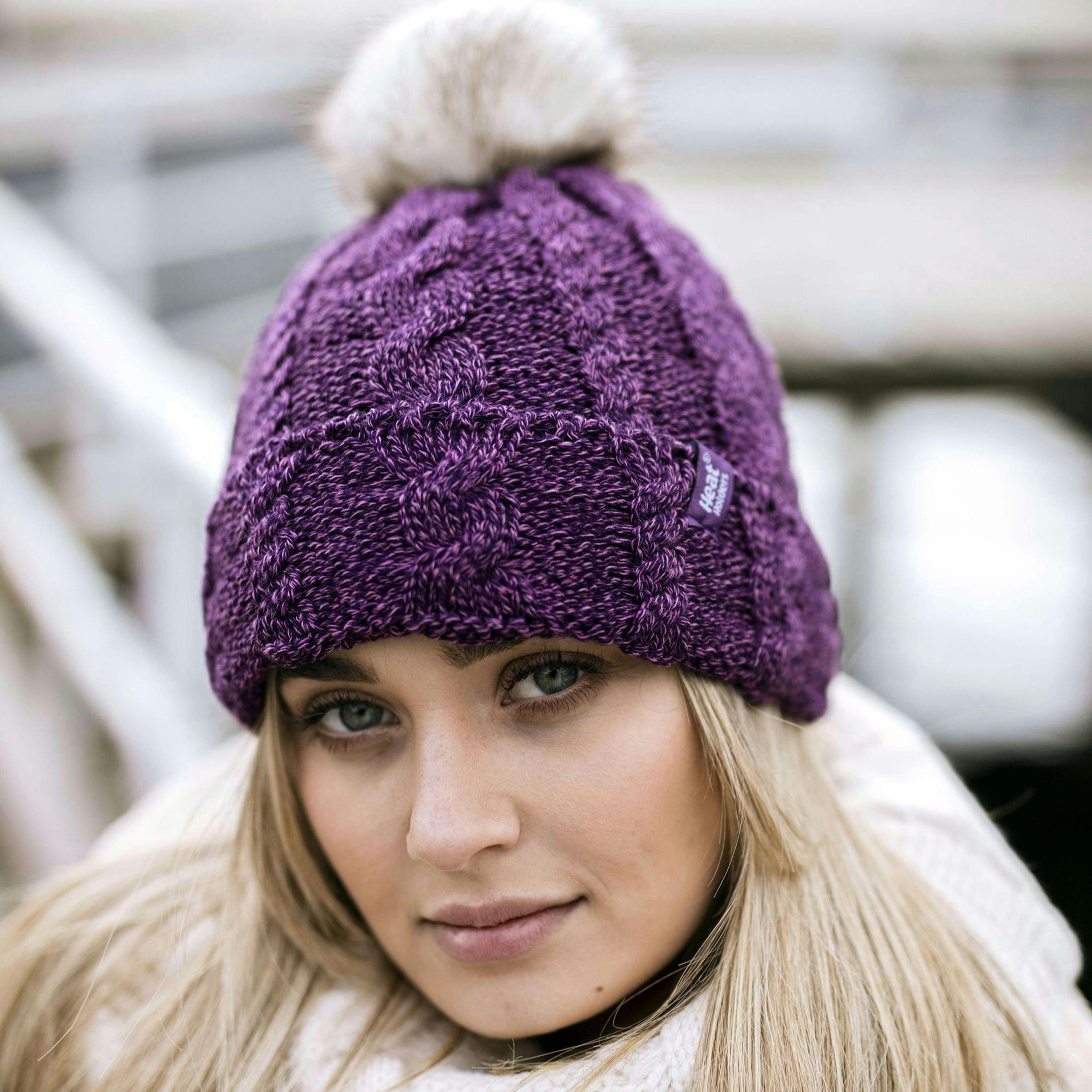 Ladies Cable Knit Fleece Lined Thermal Winter Bobble Hat with Pom Pom , view 4 of 5