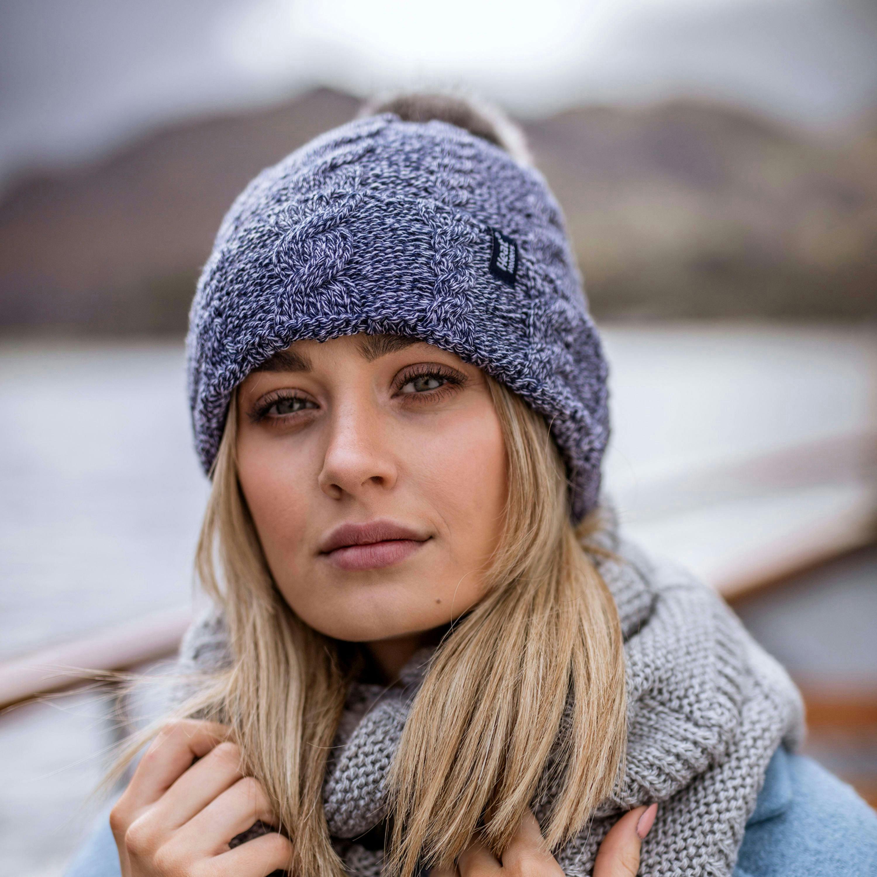 Ladies Cable Knit Fleece Lined Thermal Winter Bobble Hat with Pom Pom , view 5 of 5