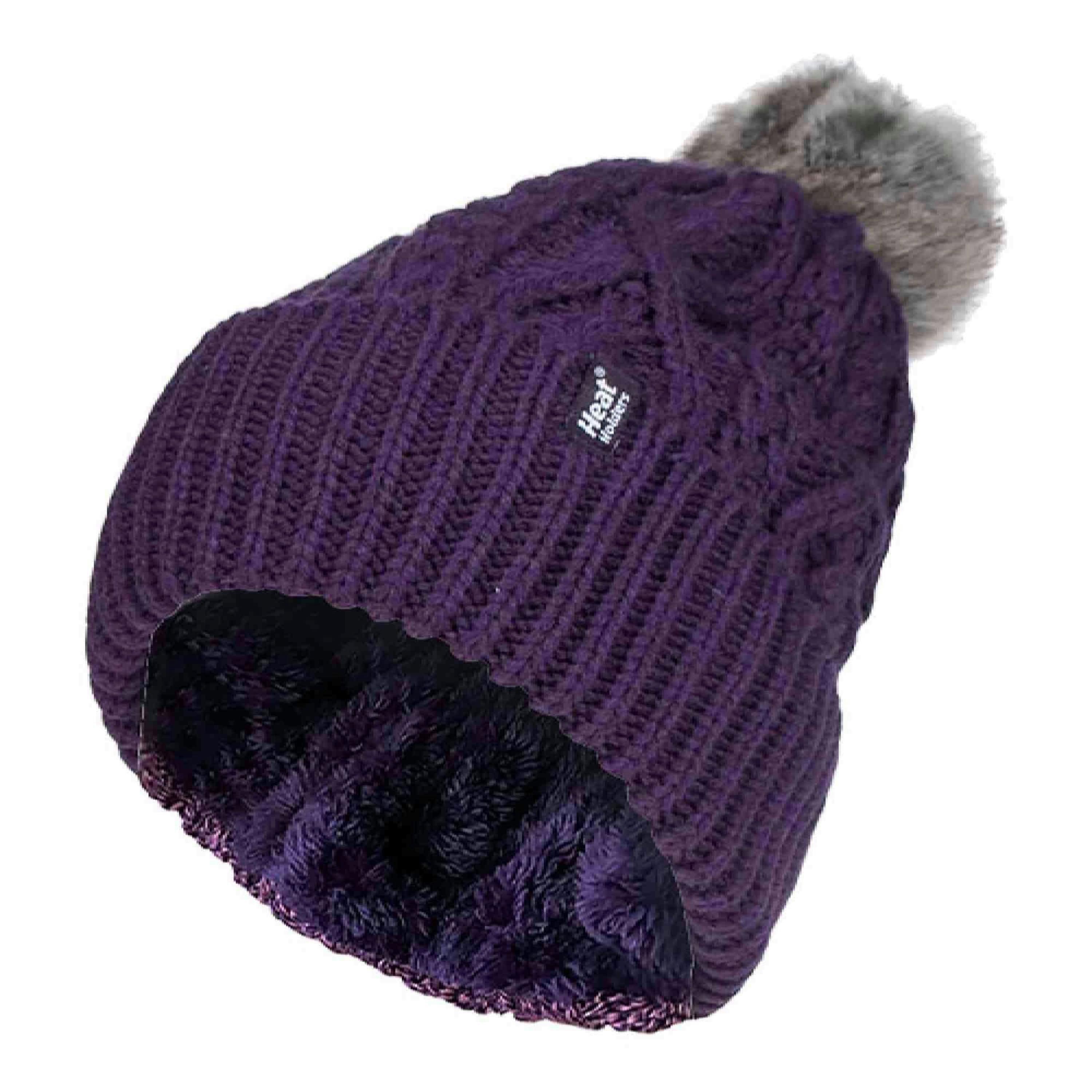 Ladies Knitted Turnover Cuffed Pom Pom Beanie Hat with Bobble , view 1 of 5