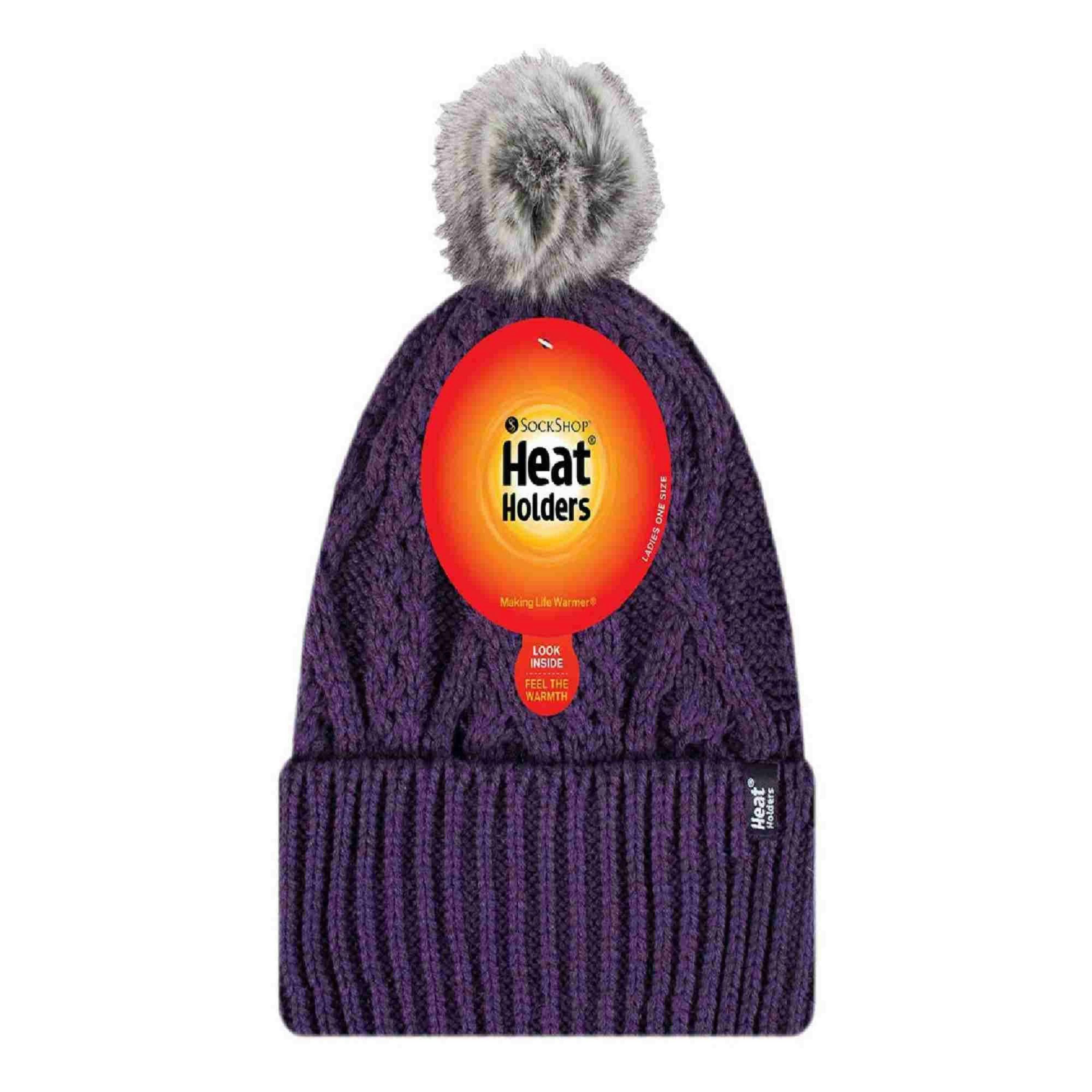 Ladies Knitted Turnover Cuffed Pom Pom Beanie Hat with Bobble , view 2 of 5