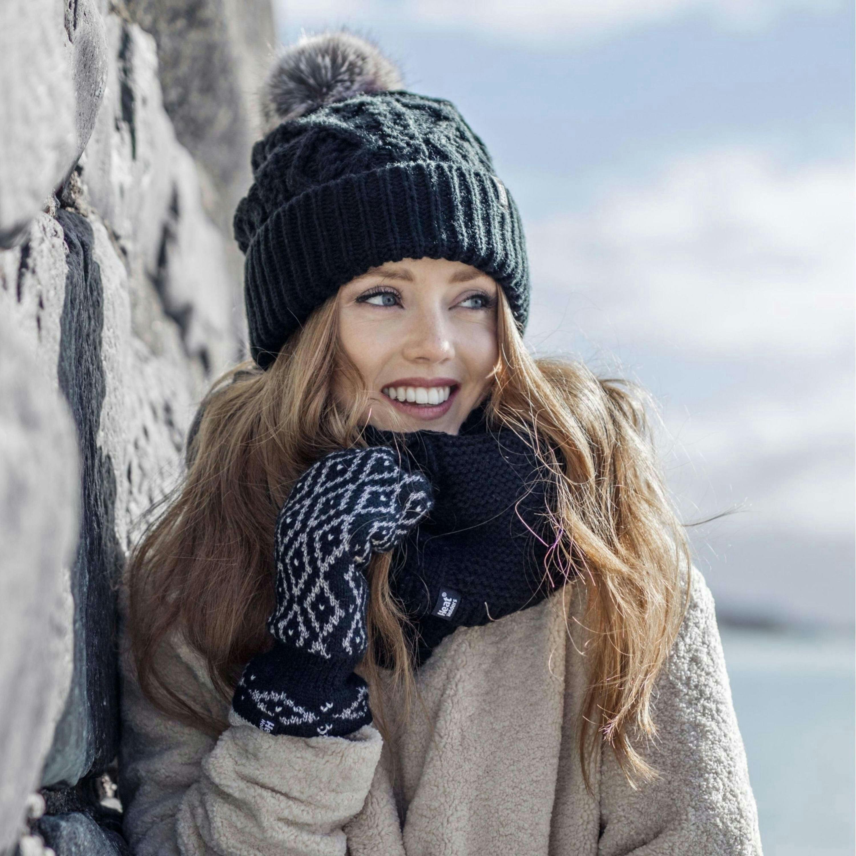 Ladies Knitted Turnover Cuffed Pom Pom Beanie Hat with Bobble , view 4 of 5
