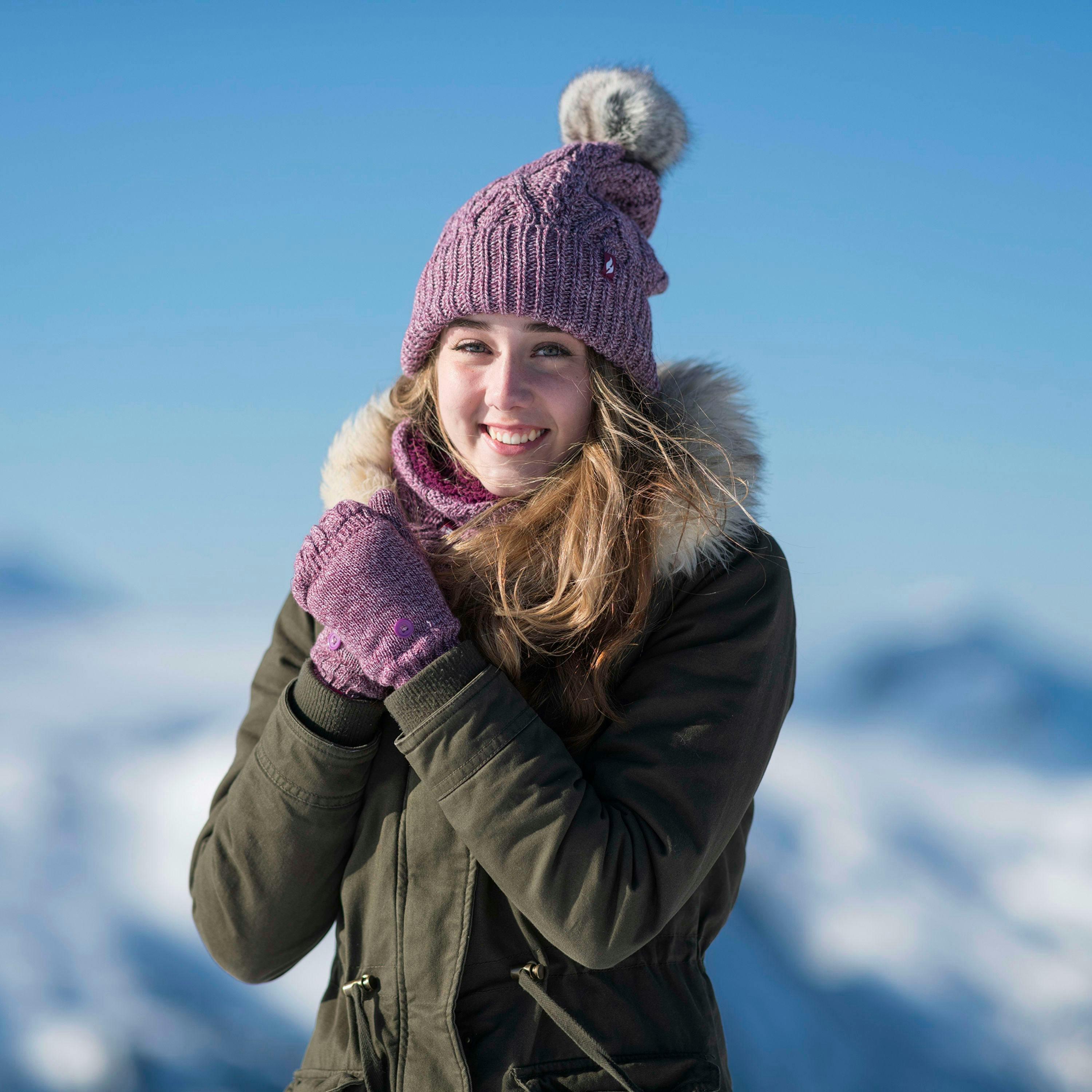 Ladies Knitted Turnover Cuffed Pom Pom Beanie Hat with Bobble , view 5 of 5