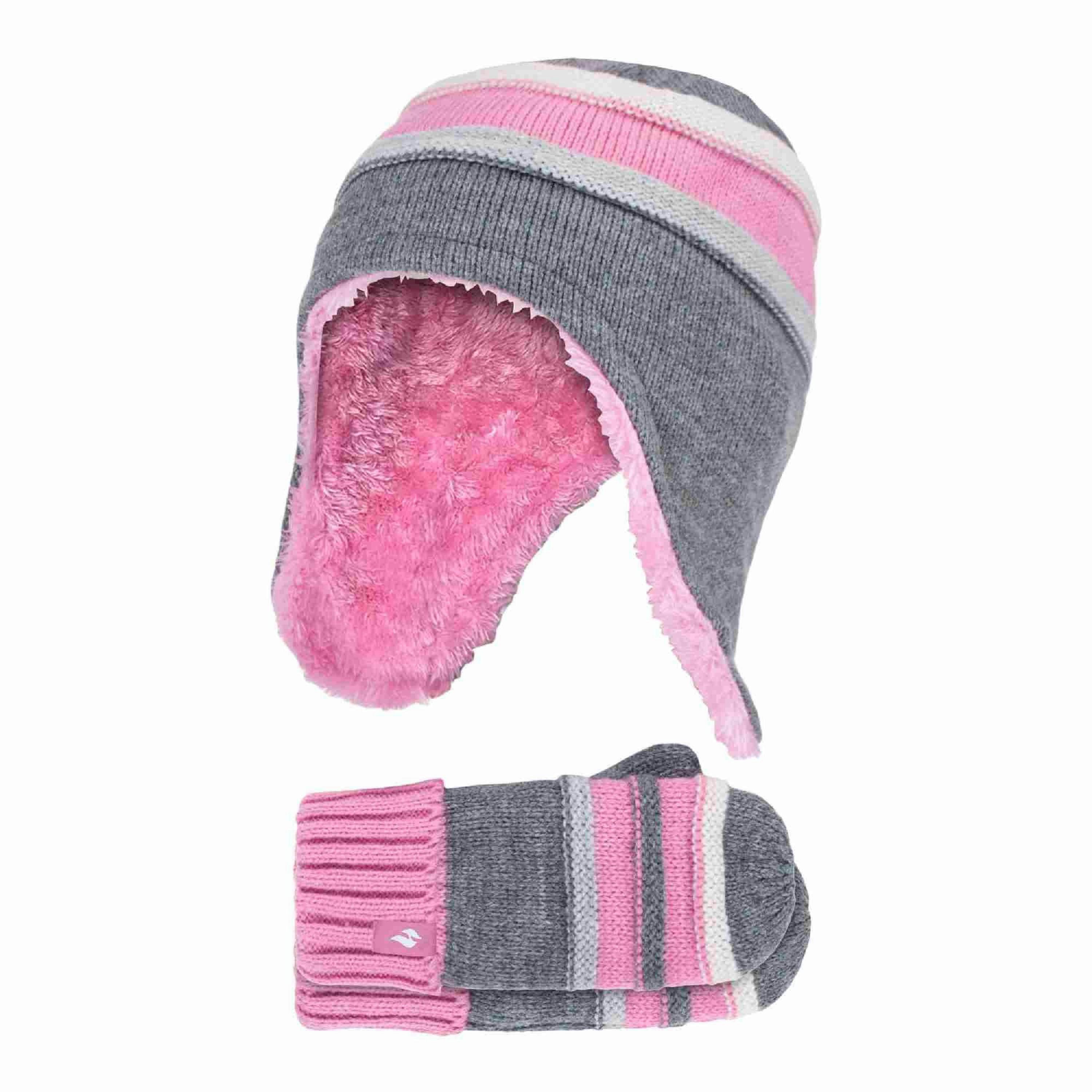 Girls Winter Thermal Beanie Hat with Ear Flaps & Mittens Gloves Set , view 1 of 4