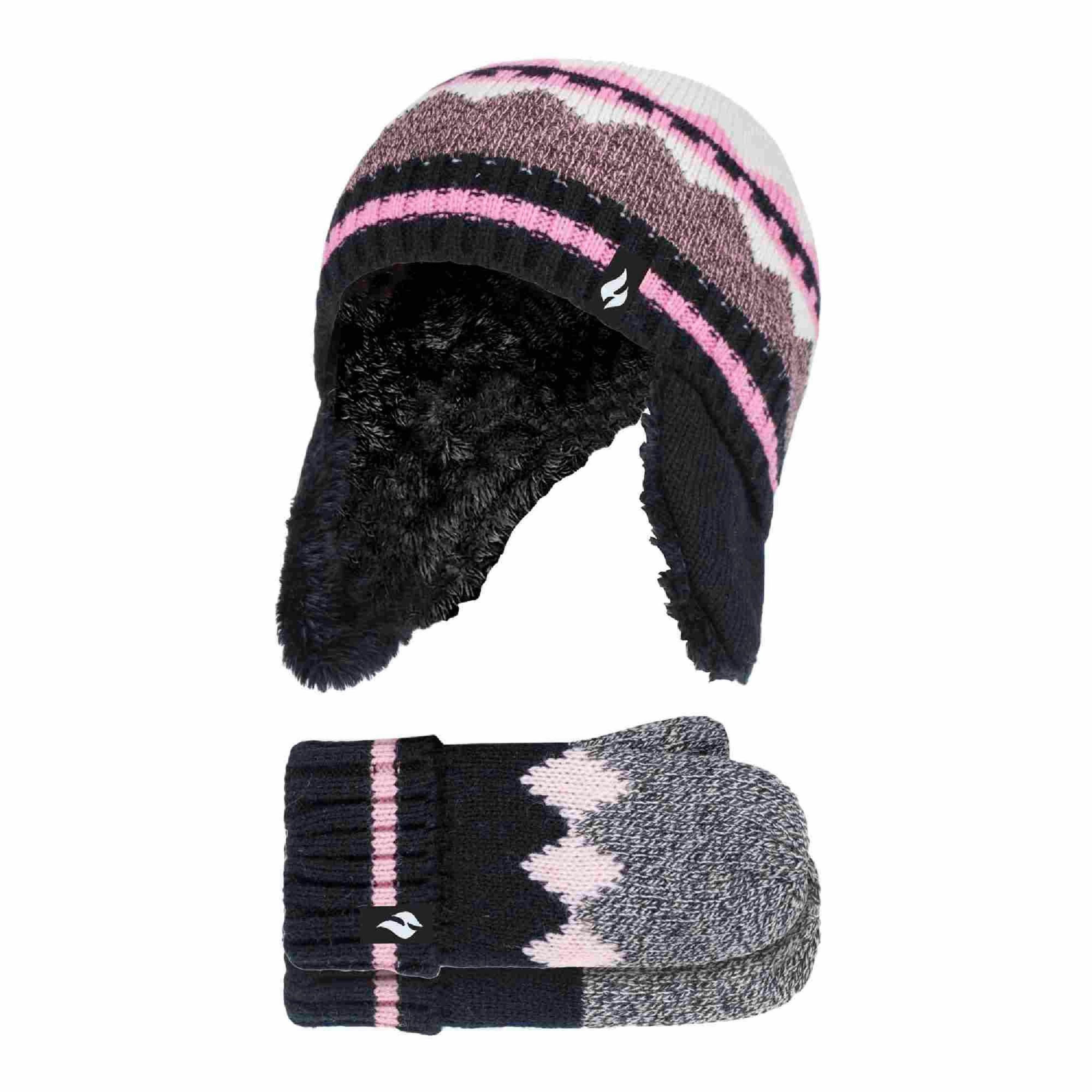 Girls Nordic Pattern Trapper Hat with Ear Flaps & Mittens Set , view 1 of 4