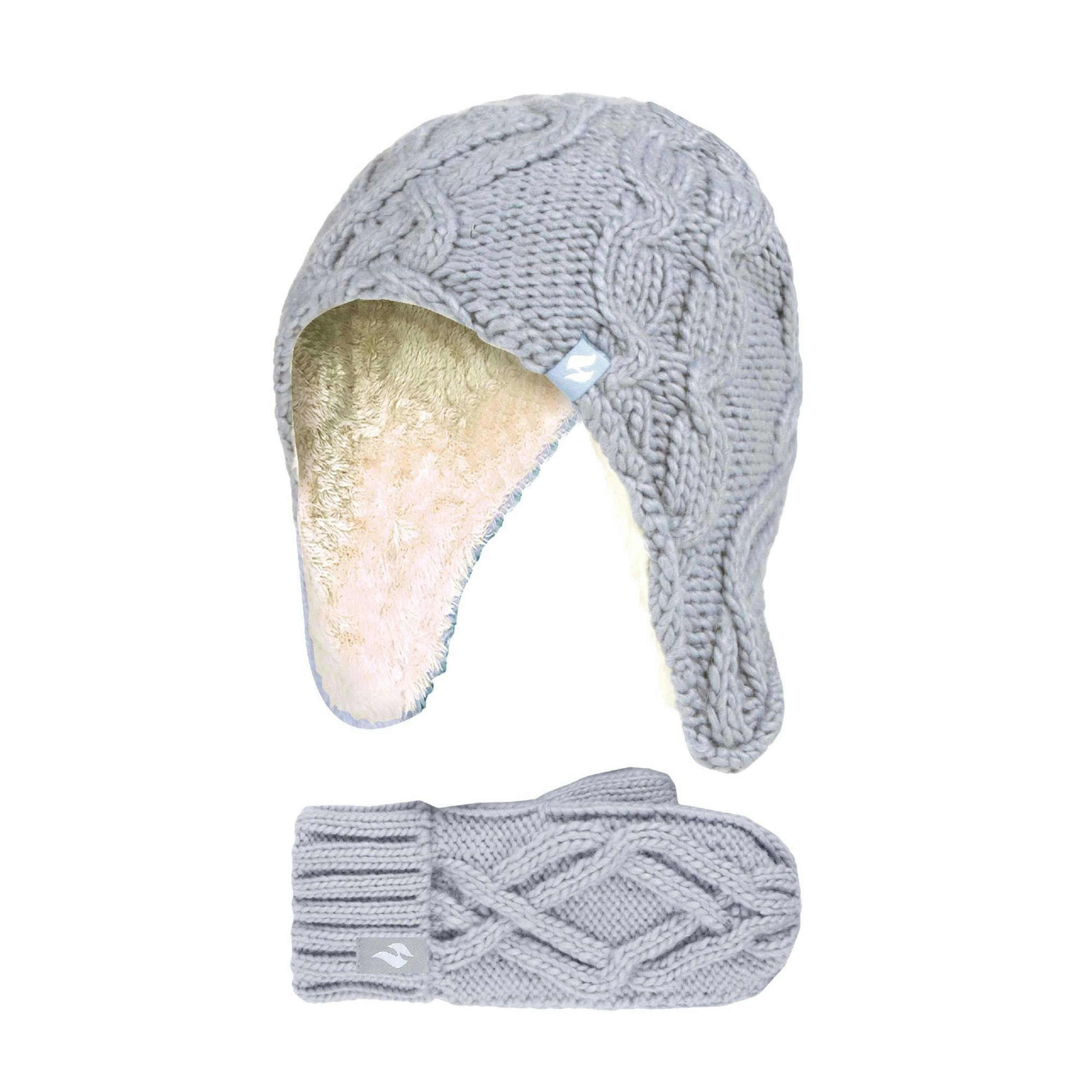 Girls Cable Knitted Design Trapper Hat & Mittens Set , view 1 of 4