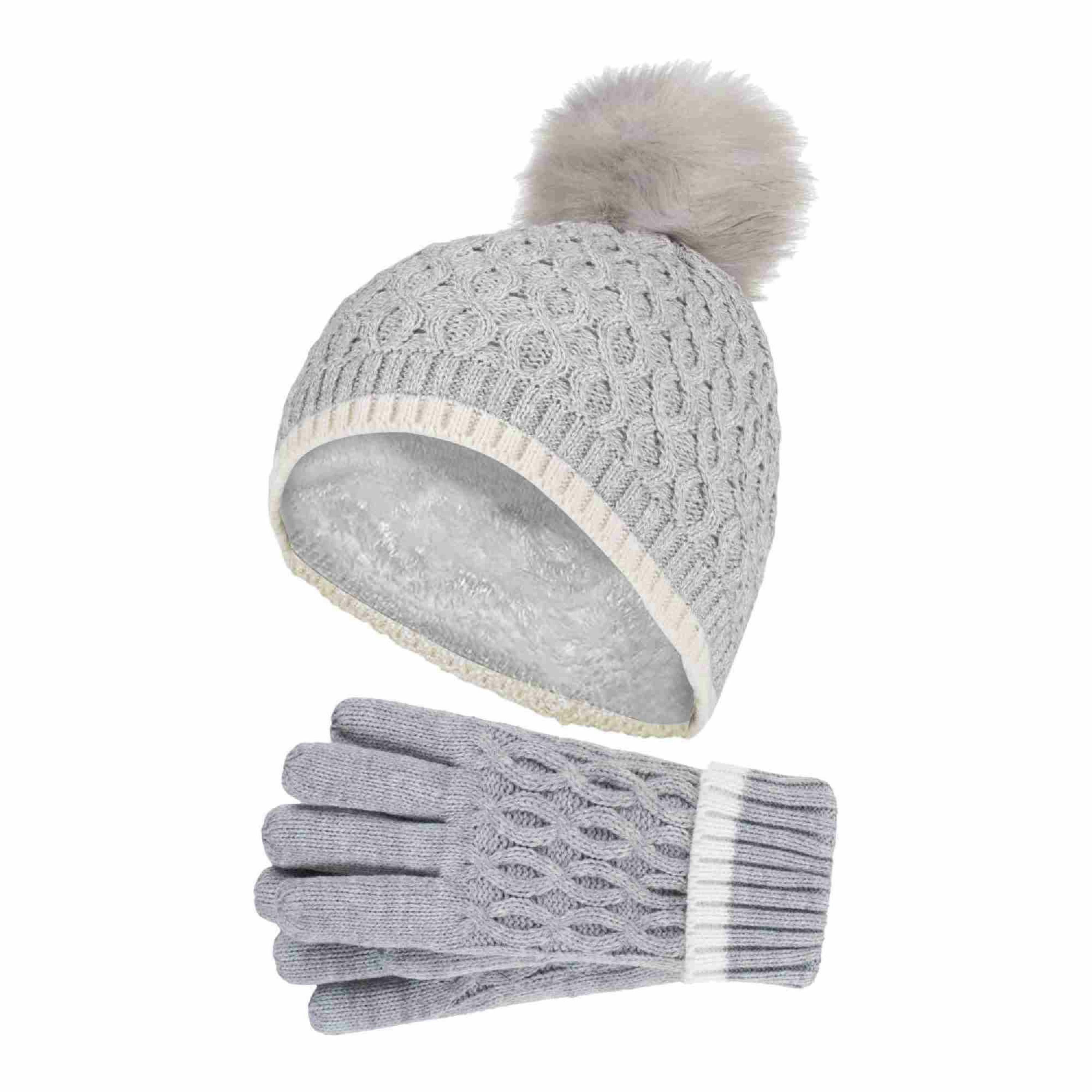 Girls Thermal Insulated Pom Pom Bobble Beanie Hat & Gloves , view 1 of 4